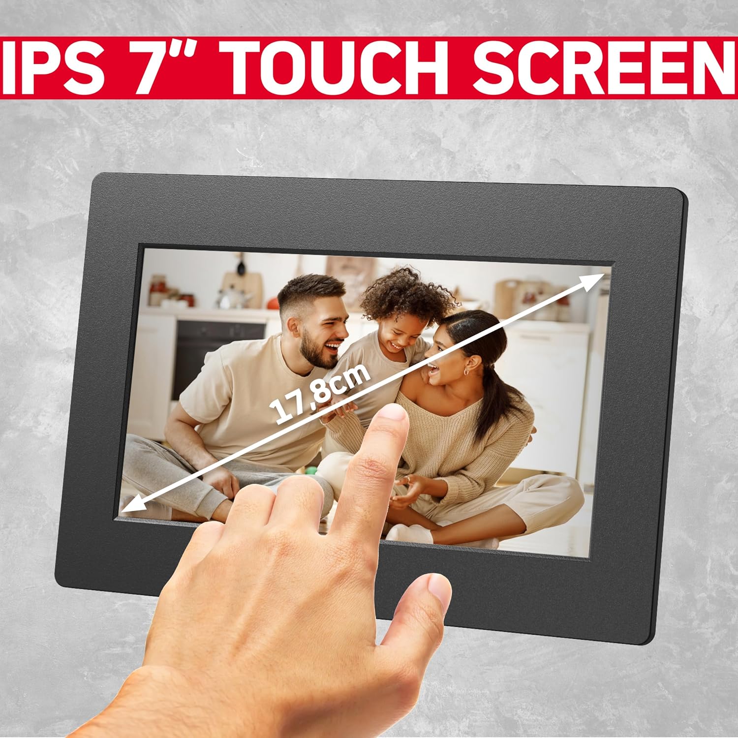 Close-up of the AgfaPhoto Realiview APF700 7-inch touchscreen, with a hand pointing to the screen and a diagonal measurement of 17.8cm shown.