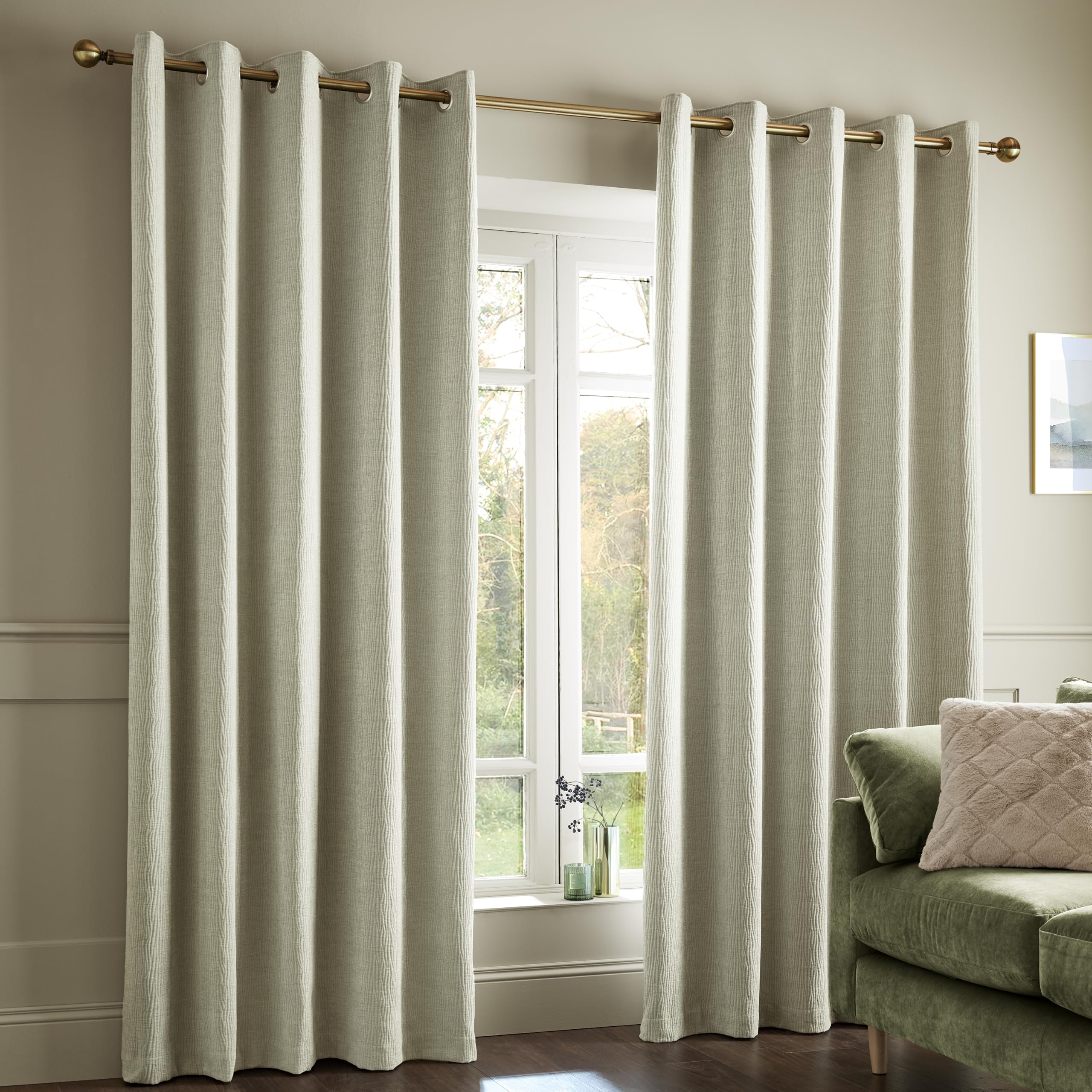 Catherine Lansfield  Crinkle Chenille Lined Eyelet Curtains - Natural - 168x229cm