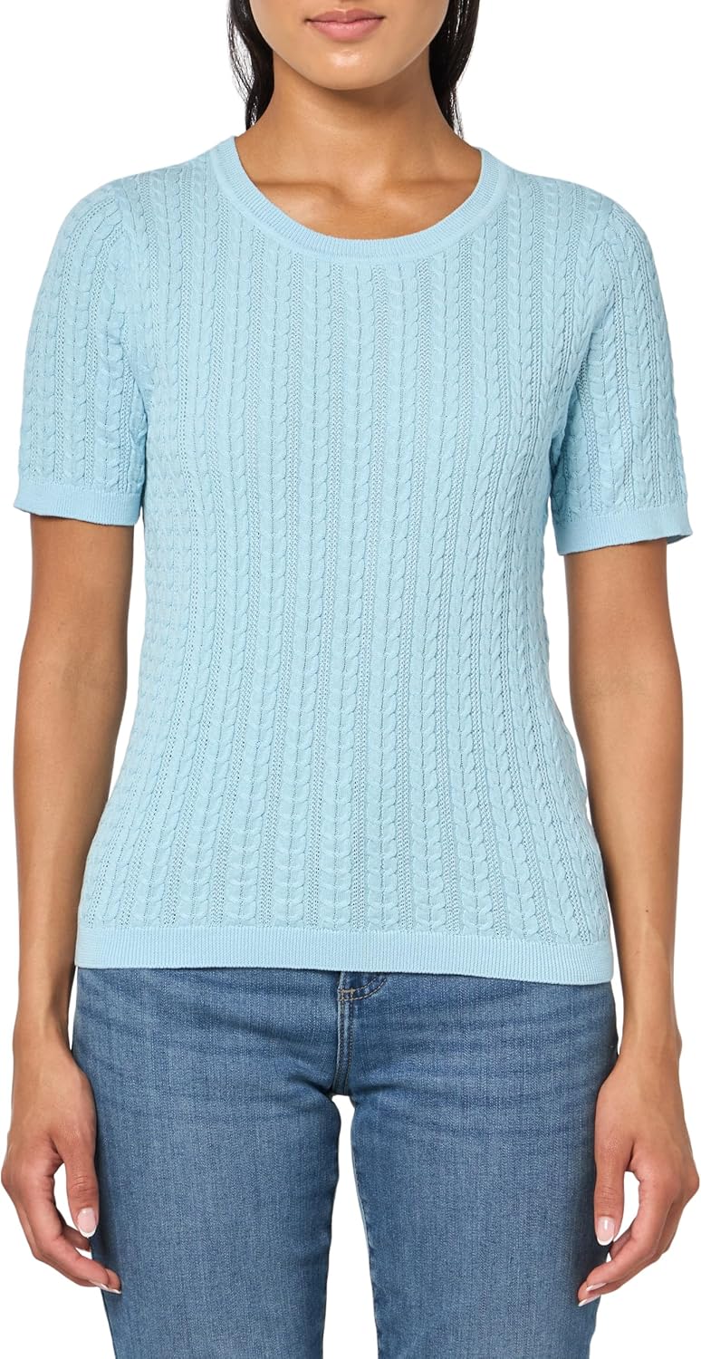 Nautica Womens Short Sleeve Crew Neck Cable Solid Sweater