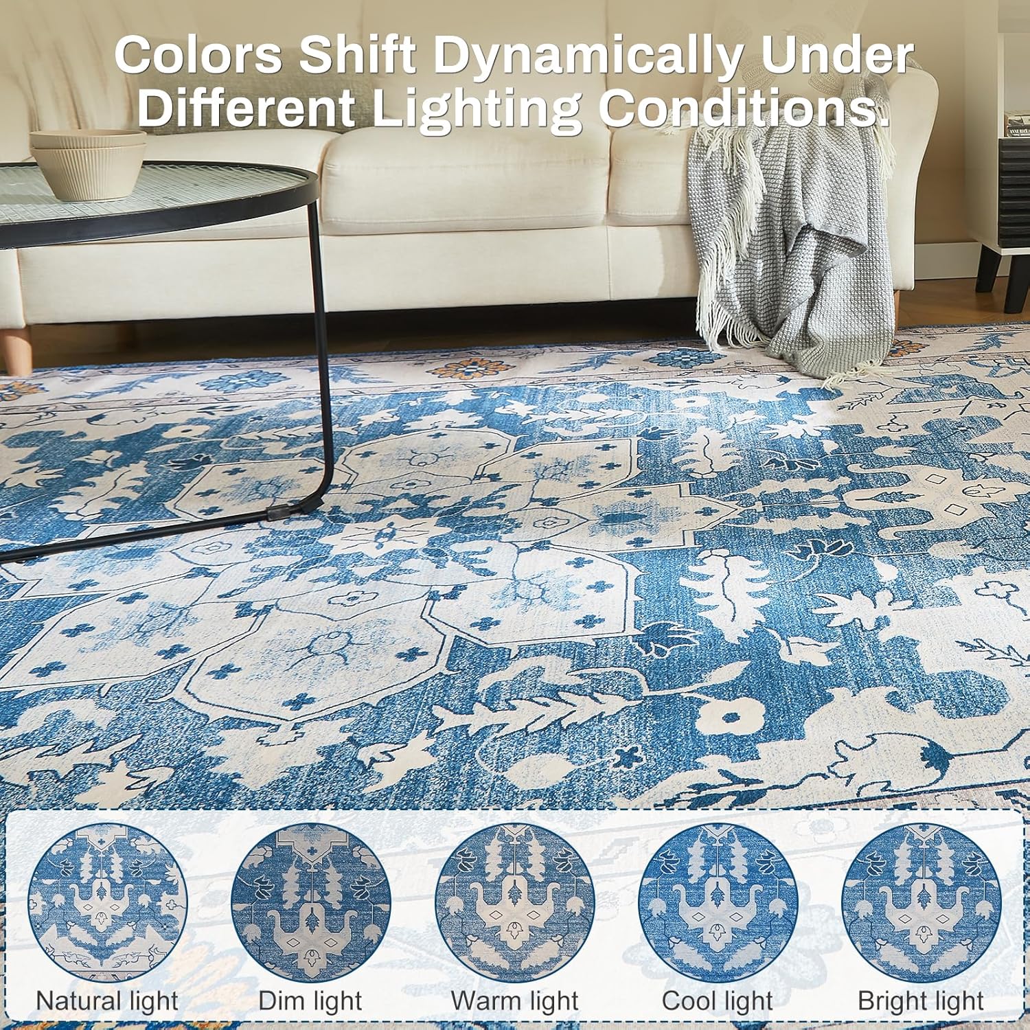 5x7 Area Rug for Living Room, Machine Washable Area Rugs, Super Soft Faux-Wool Area Rugs for Living Room Bedroom Room, Boho Rug Vintage Floral Non-Slip Low Pile, Blue Yellow