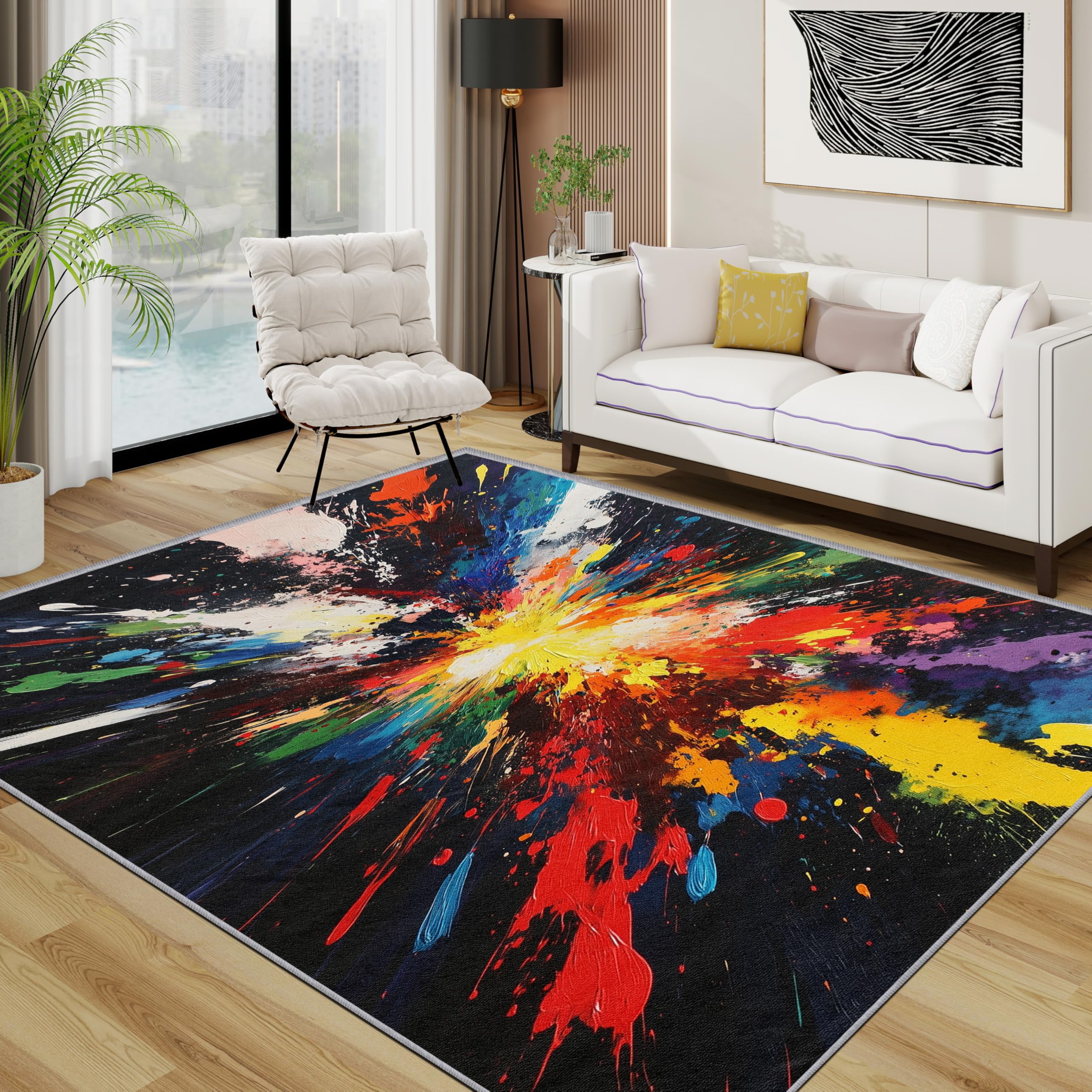 TerroVee Abstract Art Area Rugs for Living Room 80x150 - Paint Splatter Colourful Vibrant Rug for Bedroom, Modern Multicolored Non Slip Washable Short Pile Carpet, Abstract Art Room Decor