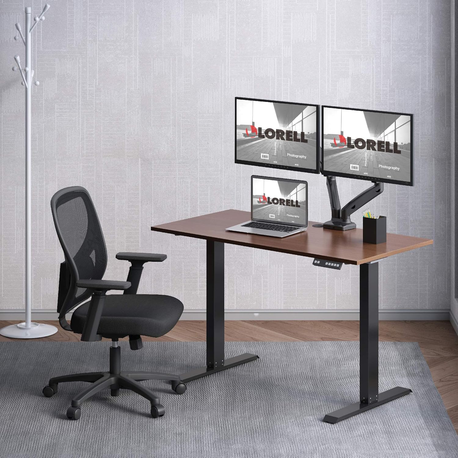 Lorell Height-Adjustable 2-Motor Walnut Desk