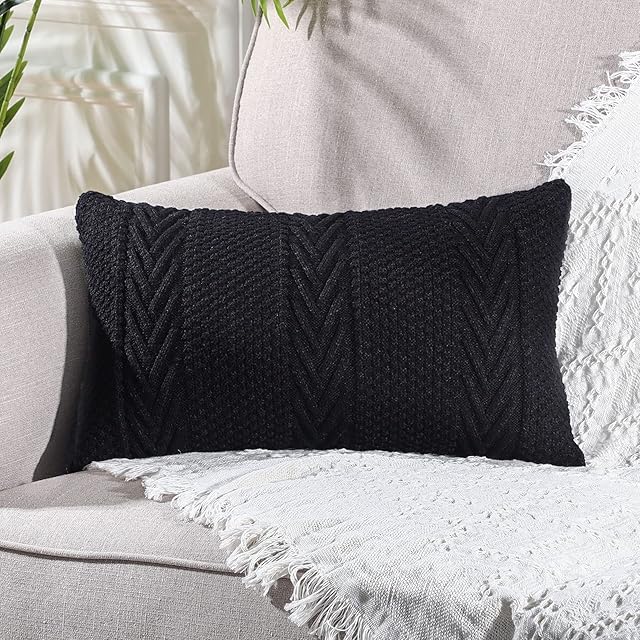 Mandioo Cotton Knitted Decorative Lumbar Throw Pillow Covers Soft Cozy Outdoor Cushion Cases Luxury Modern Pillowcases for Couch Sofa Bed 12x20 Inches Black