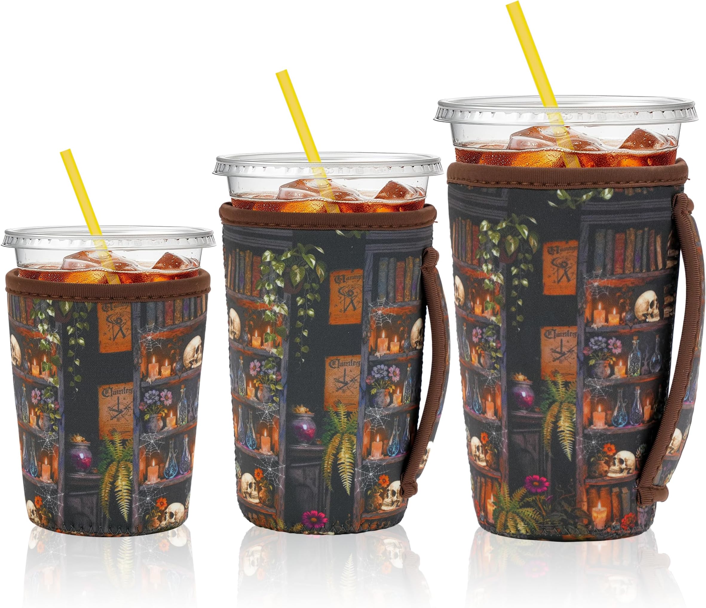 Reusable Iced Coffee Sleeves with Handle, 3-Pack Neoprene Insulated Cup Sleeves for Hot & Cold Drinks, Fits 16–32 oz Cups, Compatible with Starbucks, Dunkin & More (skeleton)
