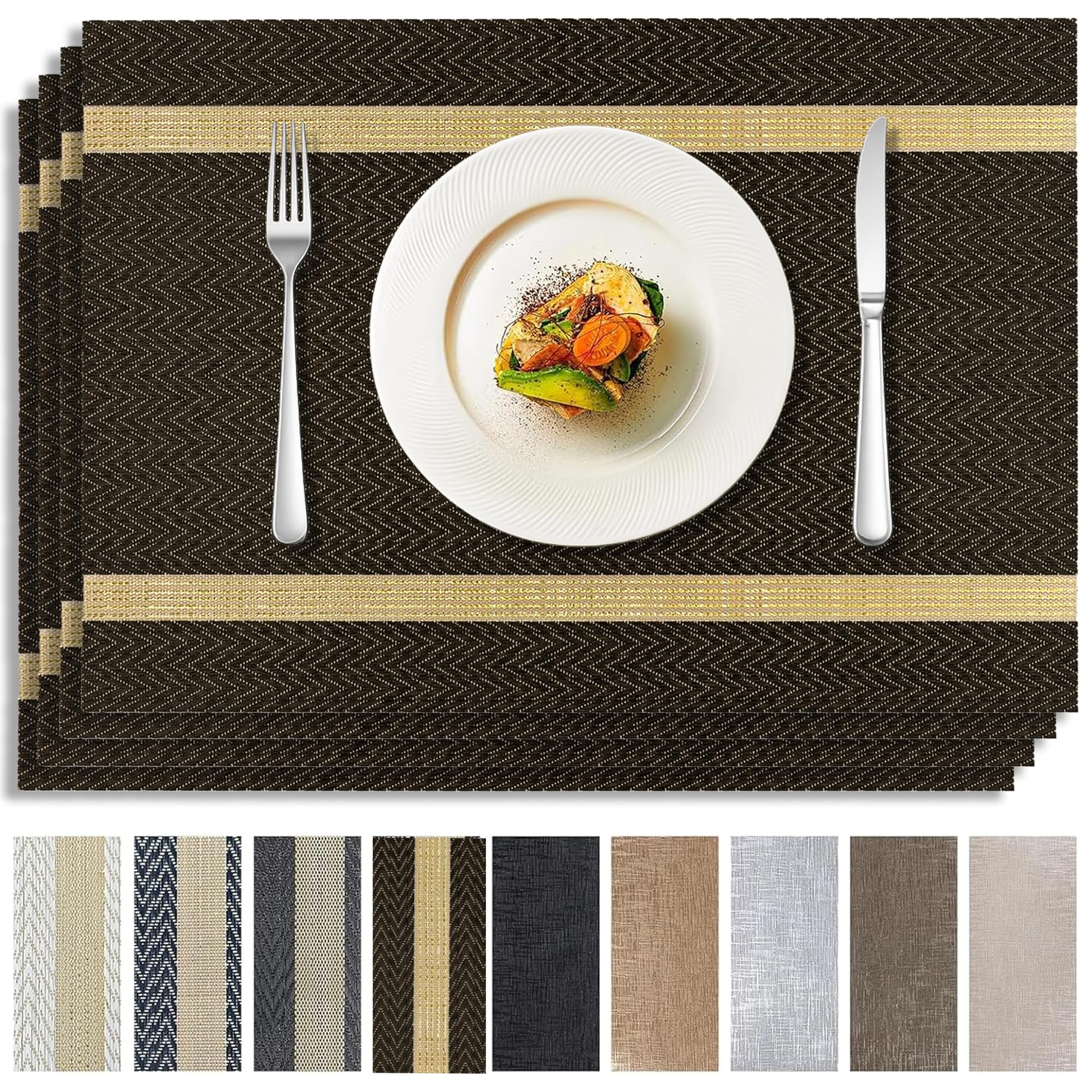 Brown Placemats Set of 4, Rustic Washable PVC Vinyl Woven for Dining Table, Stain Resistant Flat Pack No Curled Edges, Heat Resistant Non Slip, 17 x 12 Inch