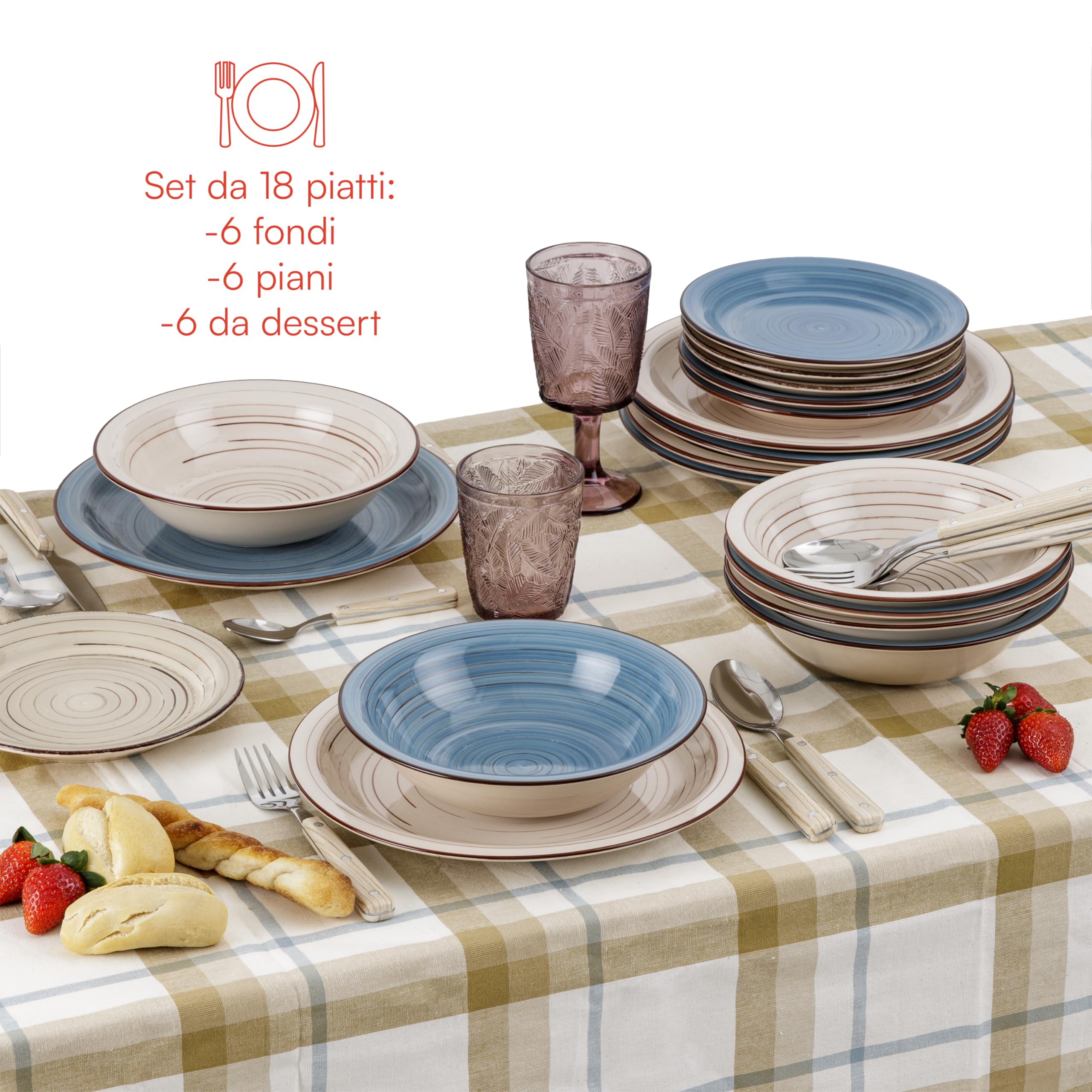 Baroni Home Vajilla de 18 piezas de cerámica, juego de vajilla decorada para 6 personas, plato hondo, llano, fruta o postre (Estilo azul y gris)