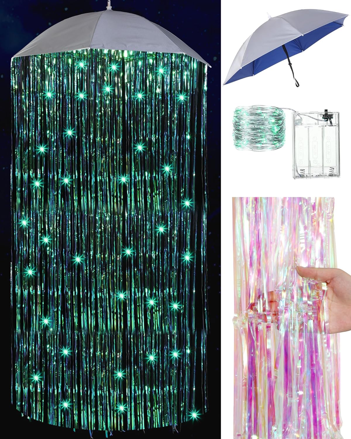 Halloween DIY UFO Costume Set Space Costume Including Umbrella Hat Green LED String Lights Tinsel Streamers for Halloween