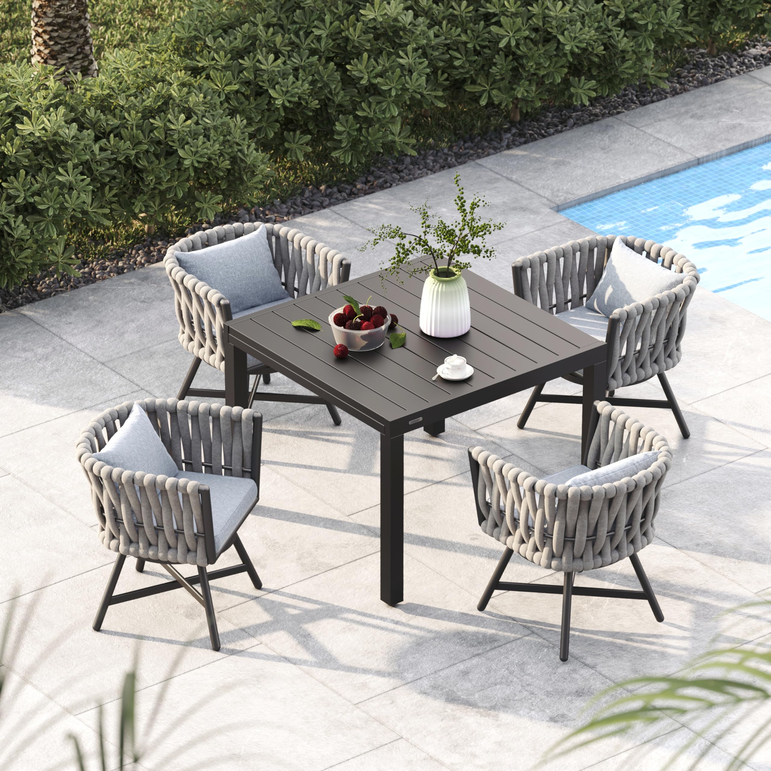 Grand patio 5-Piece Outdoor Dining Set for 4, Patio Dining Furniture Set for 4 Swivel Rope Wicker Chairs & 1 Expandable Rectangular Dining Table, Grey