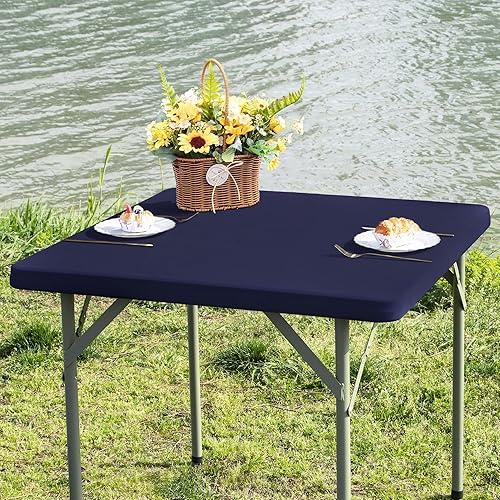 Miniatura 24 de Mantel cuadrado ajustable elástico de elastano para mesa, para comedor, cocina, hogar, fiesta, color azul marino, 34 x 34 pulgadas Azul
