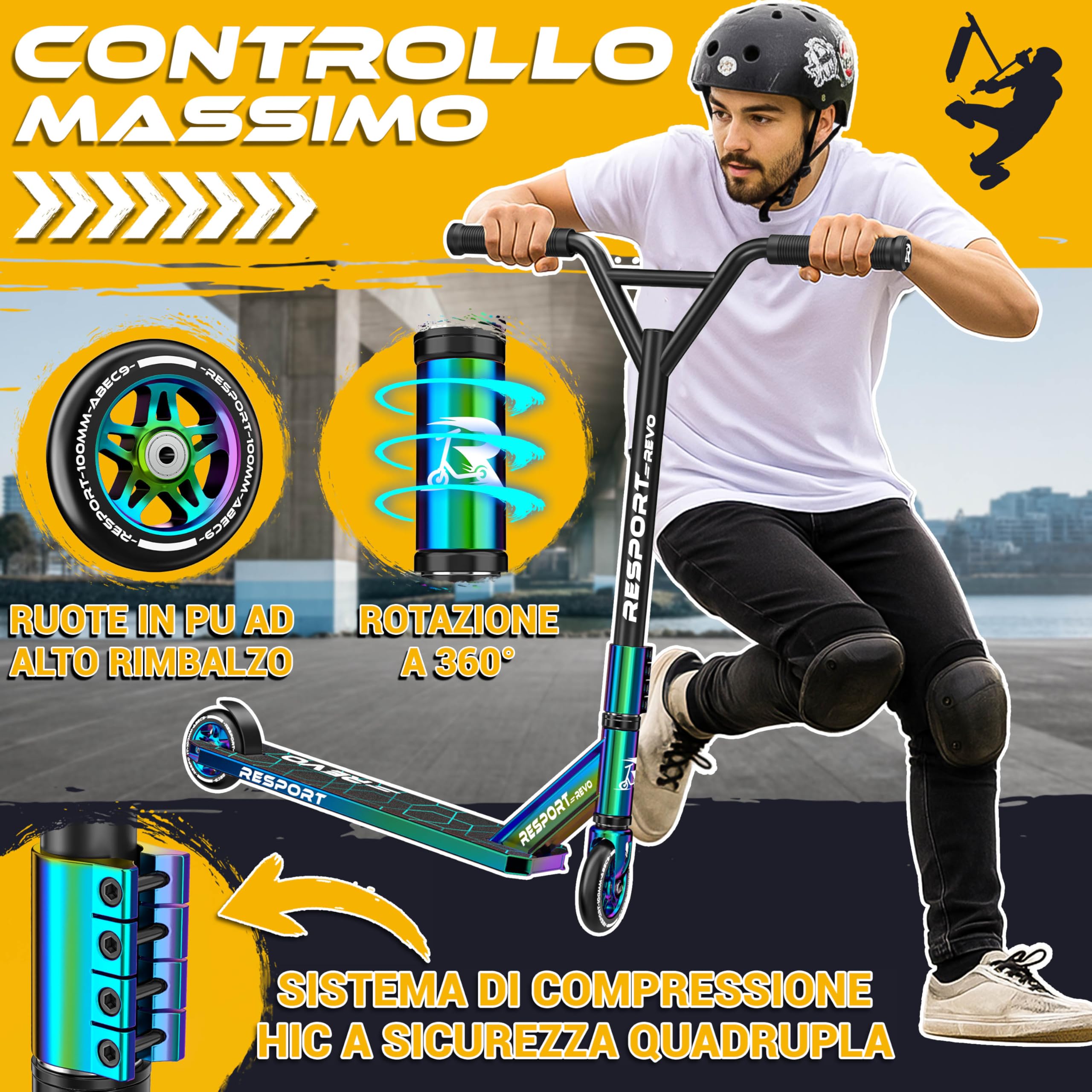 RE:SPORT Stunt Scooter REVO per bambini e adulti con supporto, 100 mm, ruote in poliuretano e Y-Bar, per acrobazia, scooter ABEC 9, cuscinetti a sfera