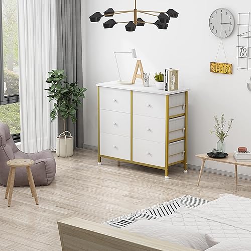 Miniatura 4 de BOLUO - Cómoda blanca para dormitorio, organizador de 6 cajones, torre de almacenamiento de tela, pequeña unidad para armario, guardería, pasillo y