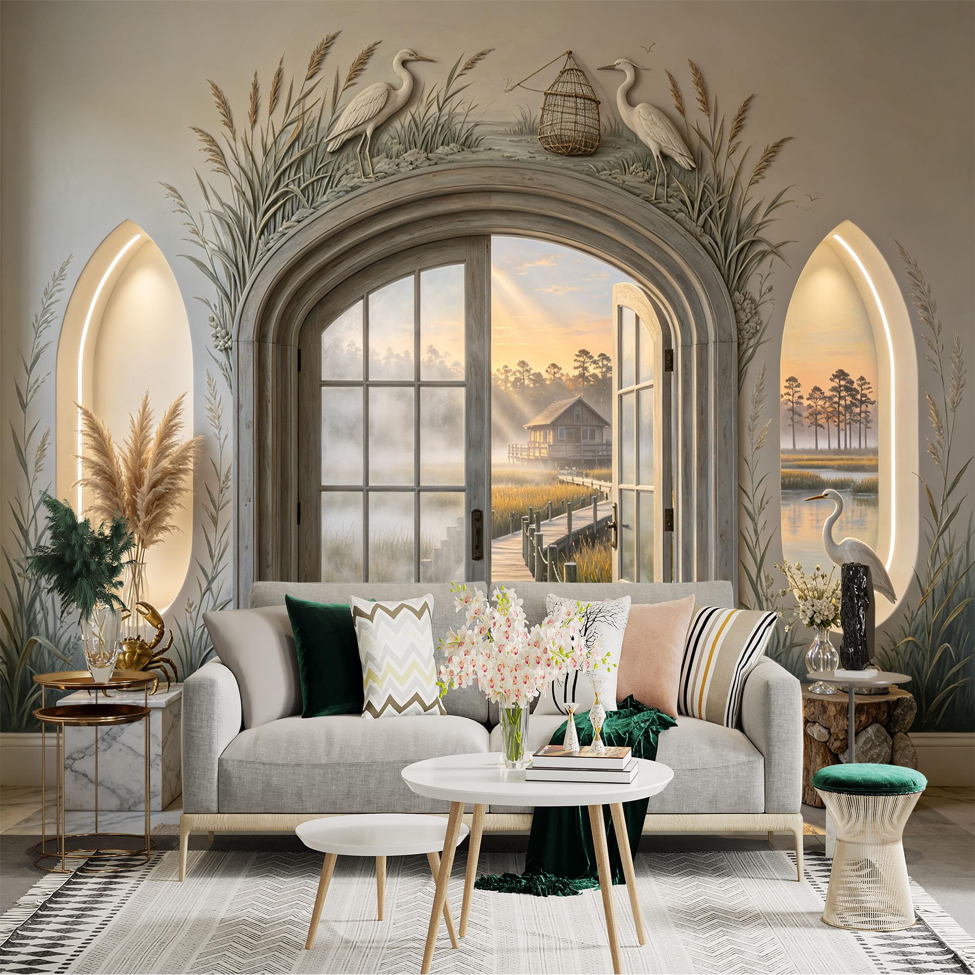 Custom Size Wall Sticker Mural， Coastal Marsh View with Wooden Pier， Herons and Rustic Archway， for wall Decoration， peelandstick wall Decals.