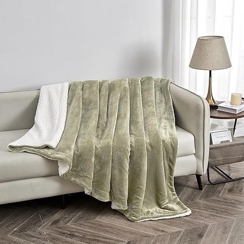 Miniatura 6 de Manta de vellón Sherpa y terciopelo de felpa matrimonialqueen, color verde loden, manta gruesa para silla, sofá o cama. Manta de forro polar cálida,