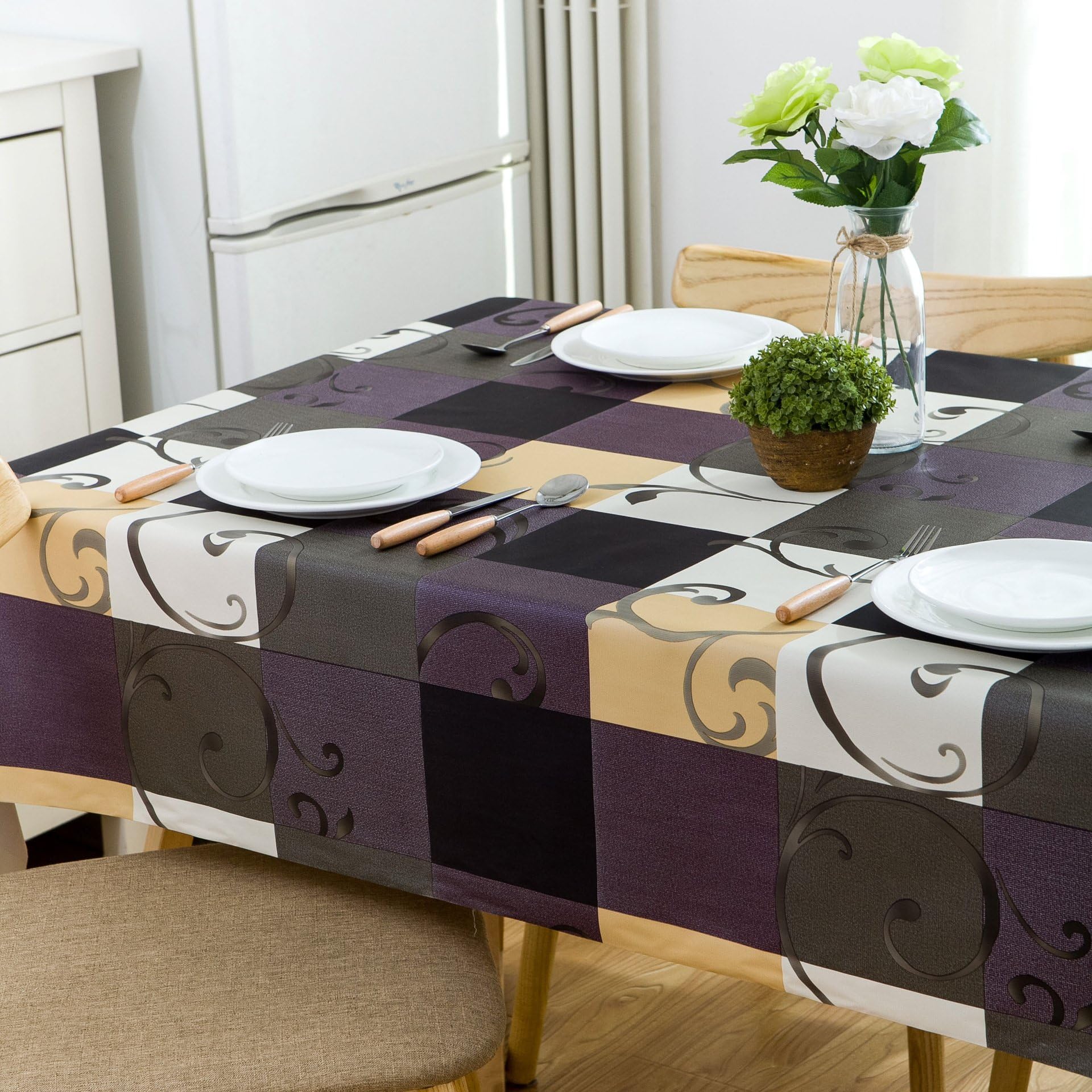 Colourful Flowers Coloured Check Weight Vinyl Rectangular PVC Tablecloth Easy Care Clean Ski and DPR Stain Waterproof Oilpr Waterproof Heatproof, beige, 137*137cm