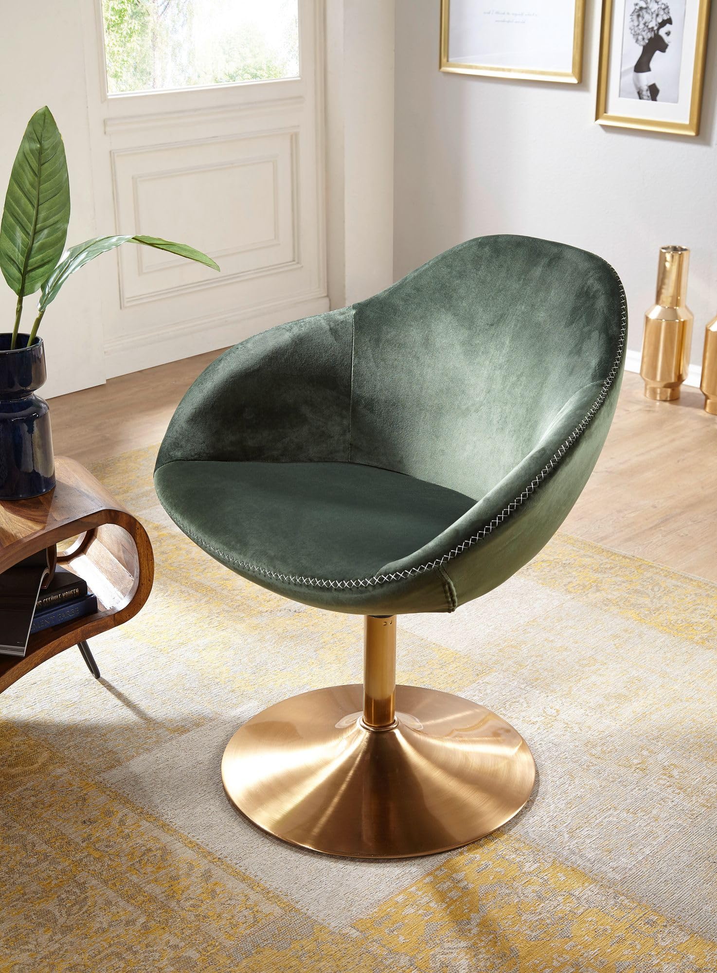 WOHNLING Chaise Longue Sarin Chaise en Velours Vert/Or 70x79x70 cm | Fauteuil Club rembourré avec accoudoirs | Chaise pivotante Cocktailsessel Lounge | Chaise de Bar Chaise Visiteur
