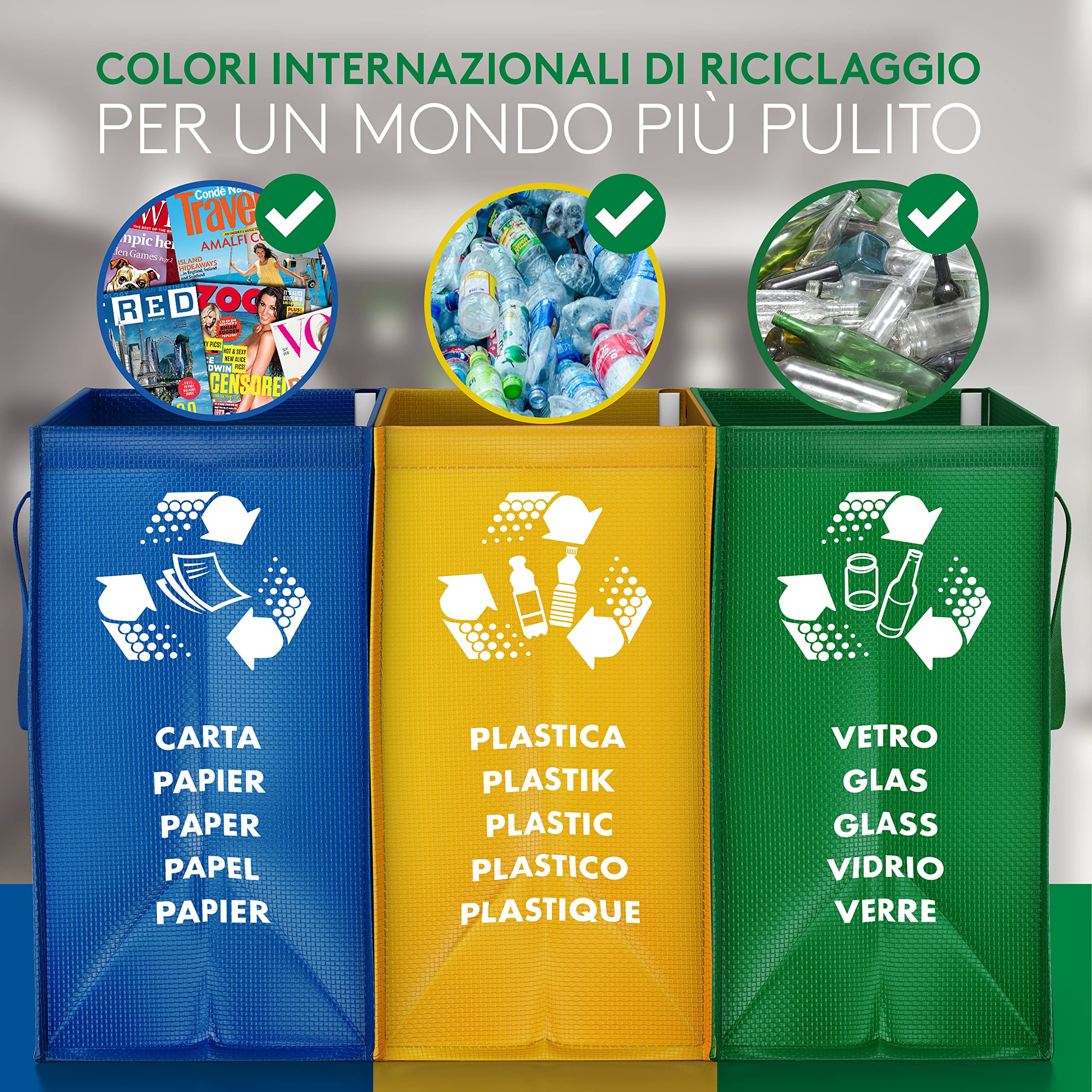 PTMS® Borse Raccolta Differenziata - 3 Bidoni Differenziata da Interno ed Esterno per Carta, Plastica e Vetro - Set Bidoni per Raccolta Differenziata Interno in Colore di Riciclaggio