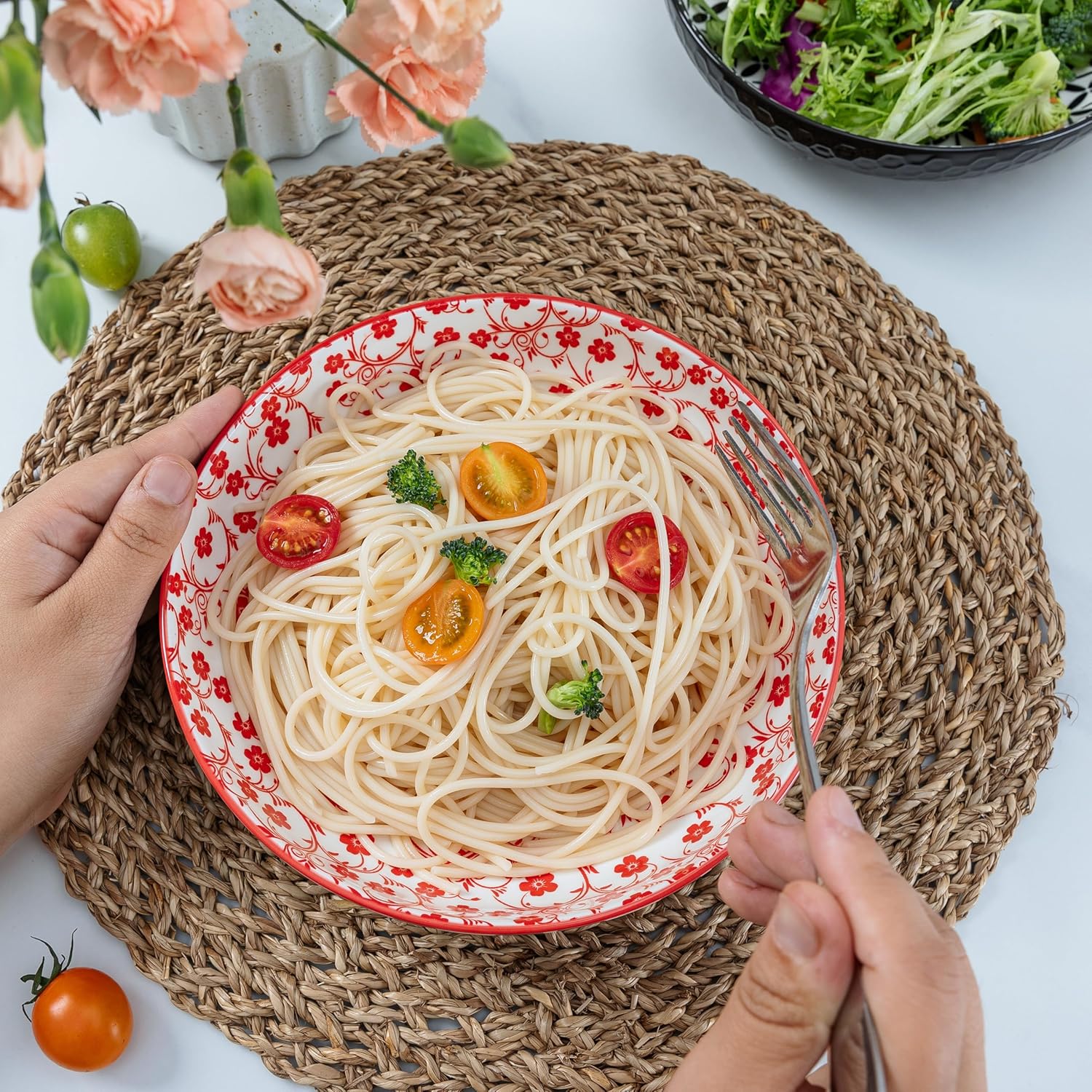 LEHAHA Porcelain Pasta Bowls, 32oz Ceramic Dinneware Dinner Bowls Set of 4, Large Colorful Wide and Shallow Salad Serving Bowls for Kitchen, Dishwasher & Microwave Safe, Multicolor