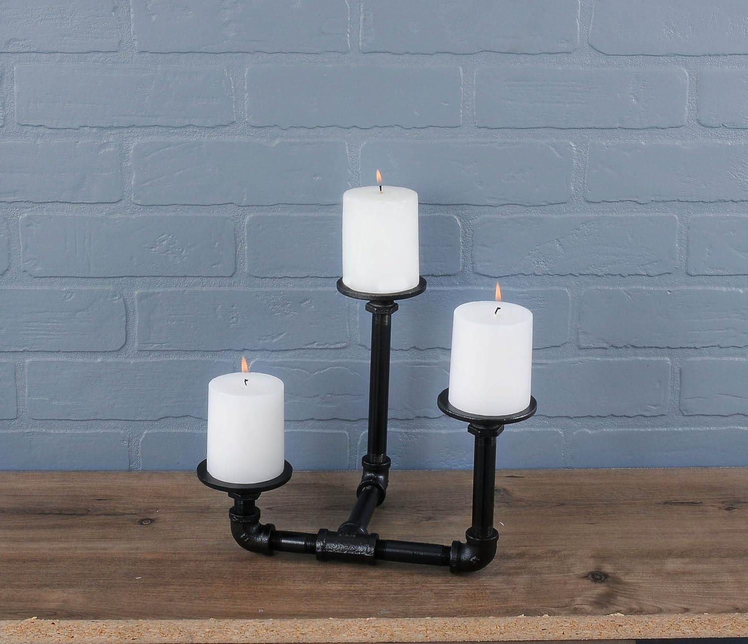 Pipe Décor Industrial 3 Branch Pillar Candle Holder Complete Set Electroplated Black Finish - 38CNPL4-BK- Rustic and Chic Steampunk