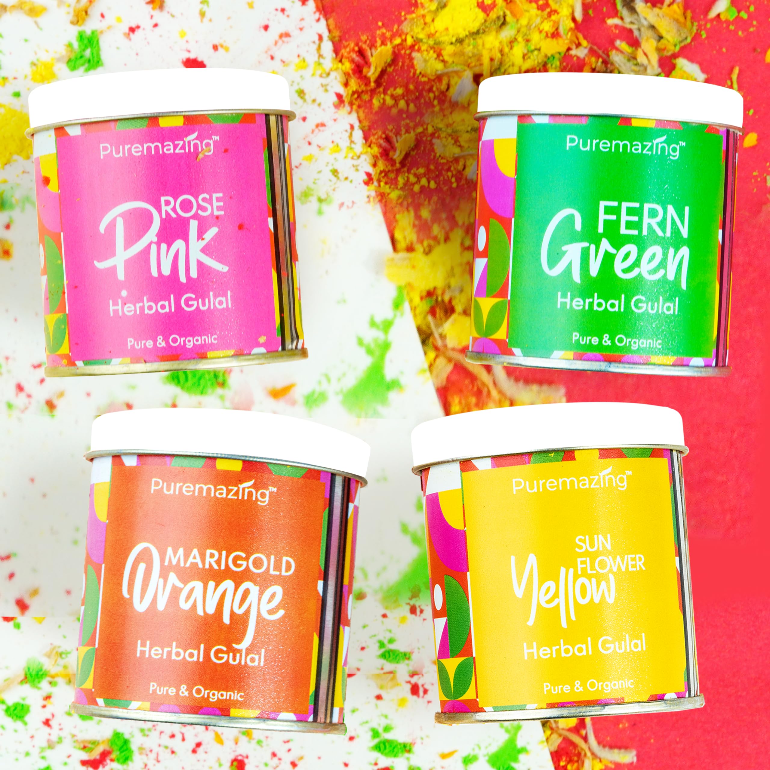 Puremazing by Imvelo Pure Natural Herbal Gulal Holi Colour - Skin Friendly Organic Scented Easy Removal Holi Colours Gulal - Non Toxic Herbal Gulal Rang Metal Box, Assorted Pack of 4, 80 Grams, Multi