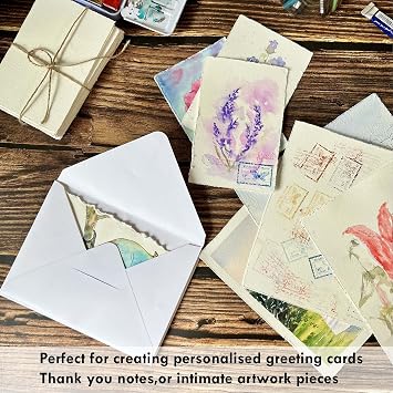 Deckle Edge Watercolor Paper, 100% Cotton, 140 LB, 300 GSM, 8x8, 30 Sheets Mixed Media Paper for Dry & Wet Technique, Acid Free, tumuarta Blank Cards is Perfect for Greeting Cards & Thank You Notes
