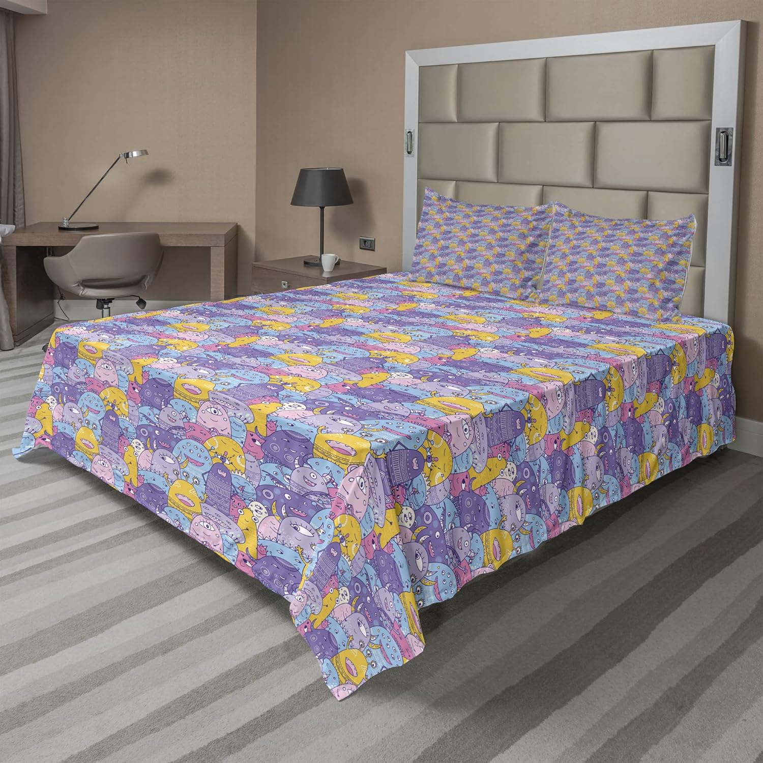 Ambesonne Aliens Sheet Set, Happy Monsters with Many Eyes in a Bohemian Style, Fitted and Flat Sheet with Pillowcases Bedding Accent 4 Piece Set, King, Ceil Blue and Multicolor