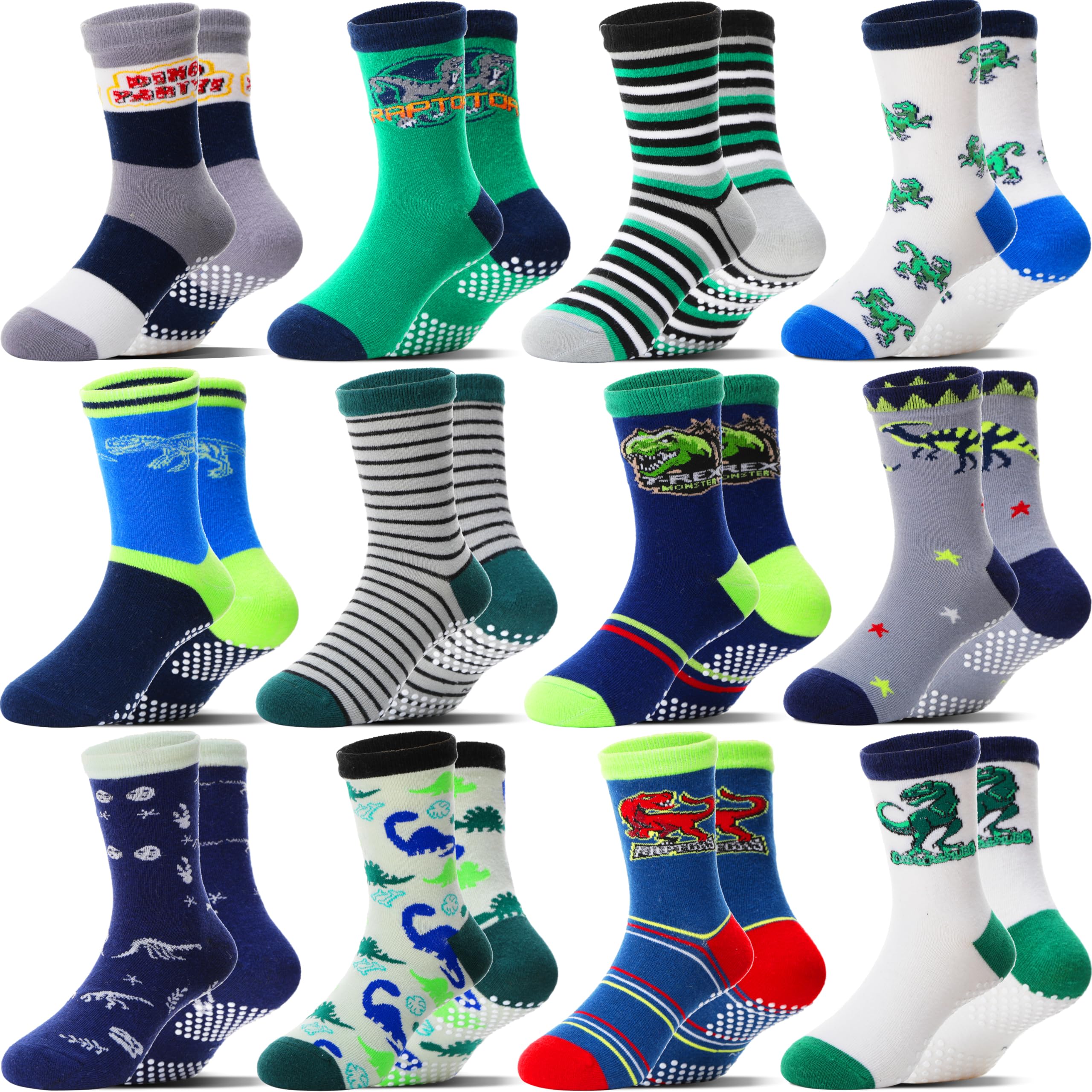 12 Pairs Baby Boys Grips Socks for Kids Toddlers Infants Non Skid Anti Slip Funny Cartoon Crew Cotton Breathable Socks