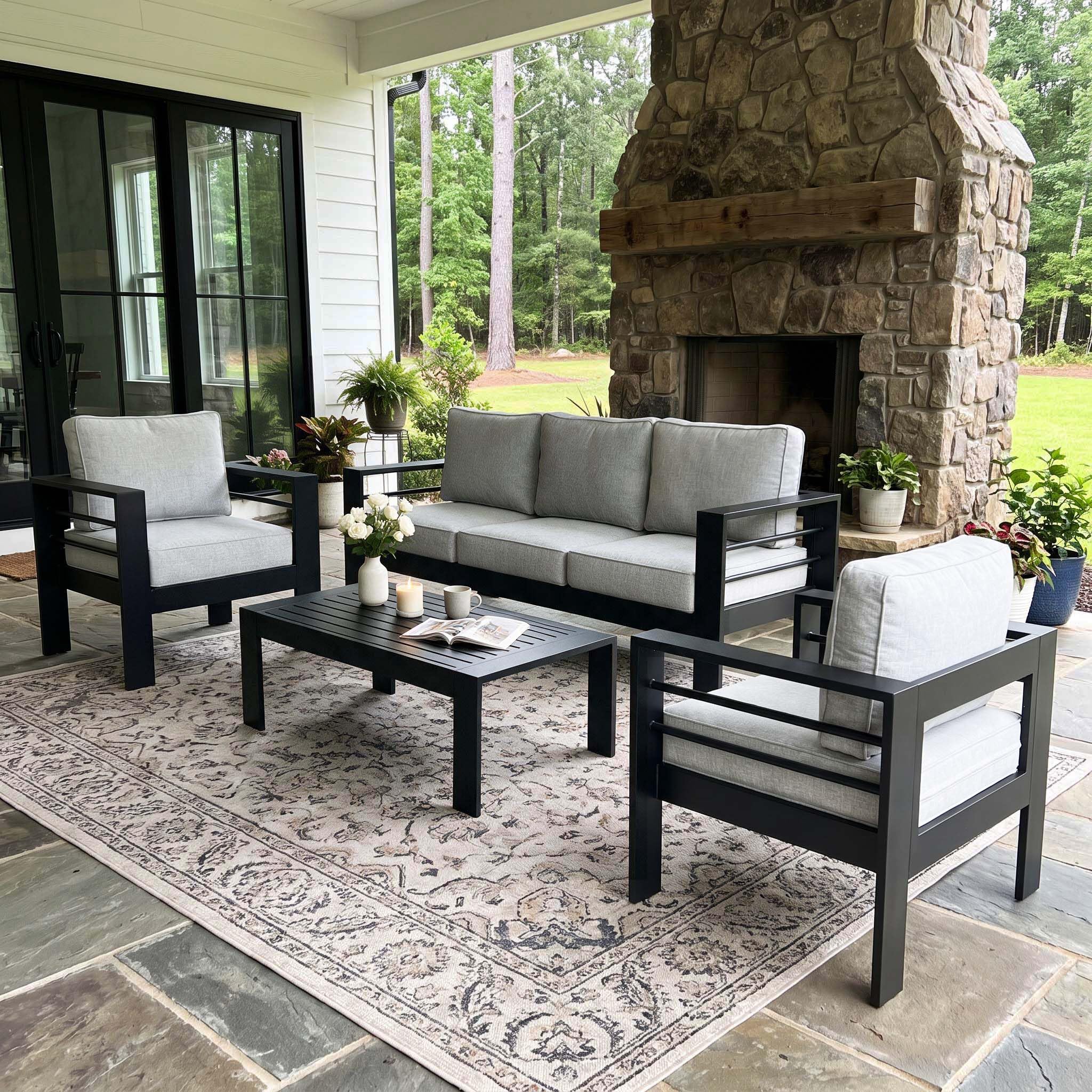 LayinSun 4 Piece Outdoor Aluminum Sectional Sofa Set in Black