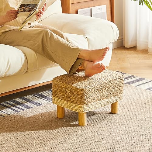 Miniatura 2 de YMYNY Taburete otomano rectangular pequeño reposapiés natural tejido a mano con patas de madera, reposapiés acolchados al aire libre para sala de