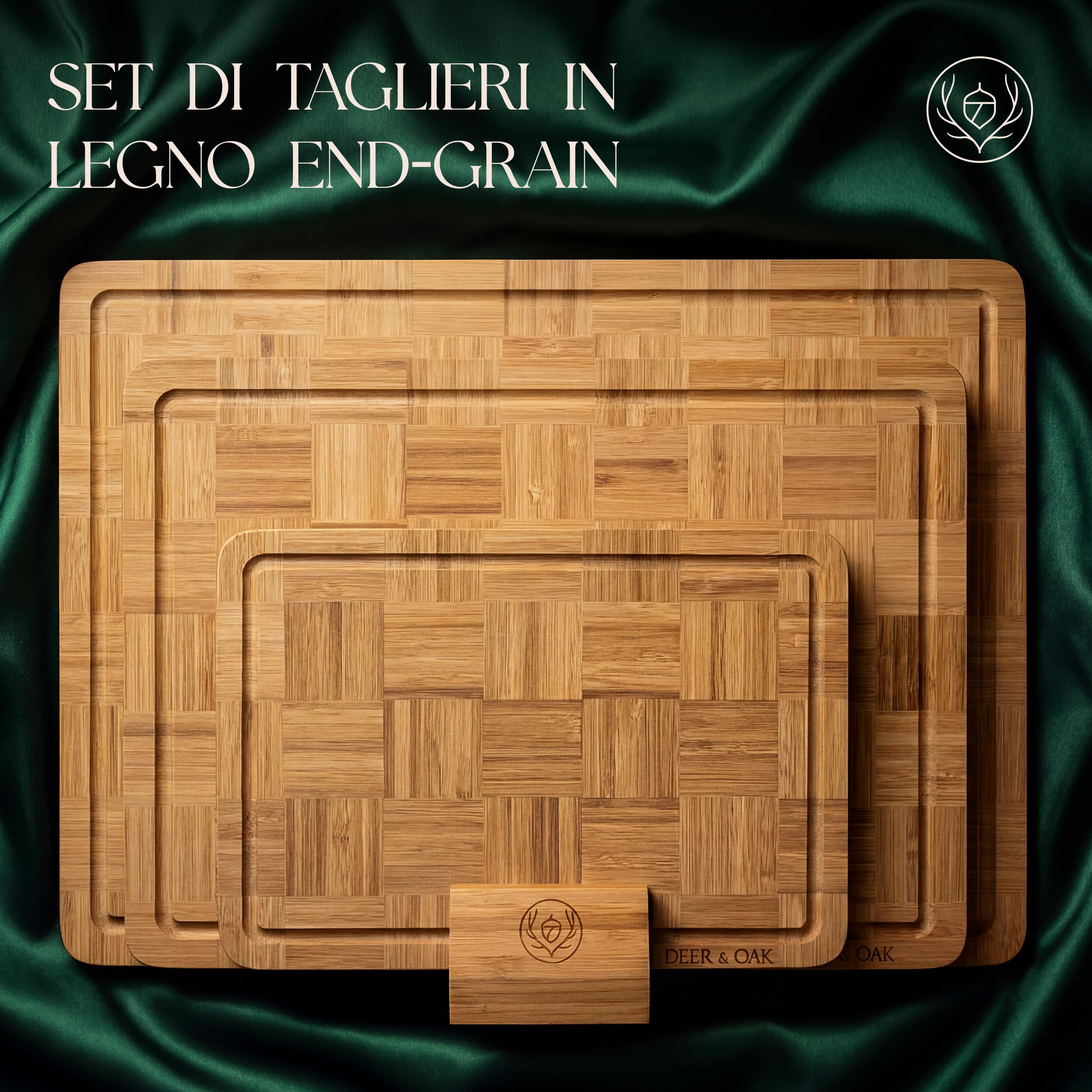Deer & Oak Set 3 Taglieri in Bambù Carbonizzato con Supporto | Legno pre-oliato · Motivo intrecciato a cesto · Resistenti