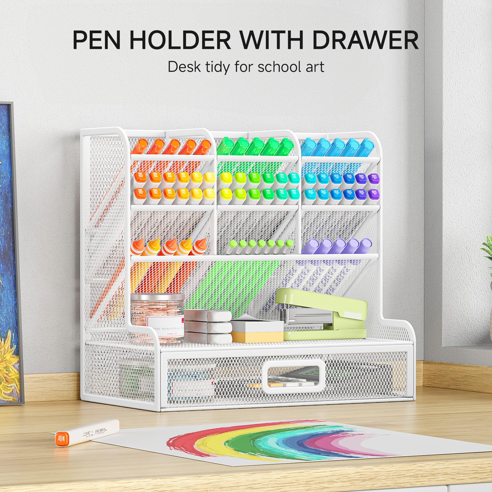 VITVITI Mesh bureau-organizer met lade, pennenhouder voor opgeruimd bureau, bureau-organizer voor briefpapier, kunstschoolbenodigdheden, kantooraccessoires - wit VITVITI Mesh bureau-organizer met lade, pennenhouder voor opgeruimd bureau, bureau-organizer voor briefpapier, kunstschoolbenodigdheden, kantooraccessoires - wit