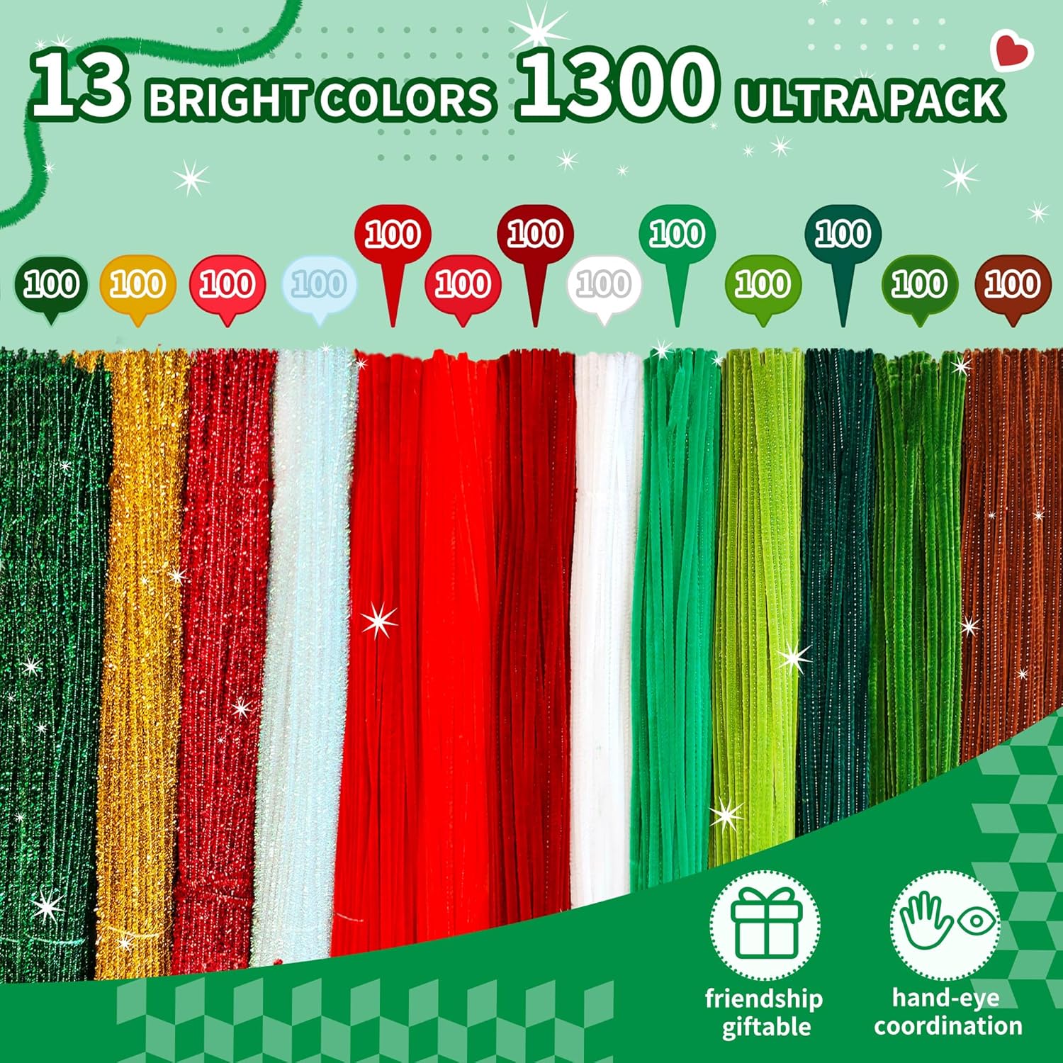 POMBUDS Pipe Cleaners Craft Bulk, 1300pcs Chenille Pipe Cleaners for Crafts, Chenille Stems Art Supplies, 13 Color, Pipe Cleaners for Creative DIY Room Decor.