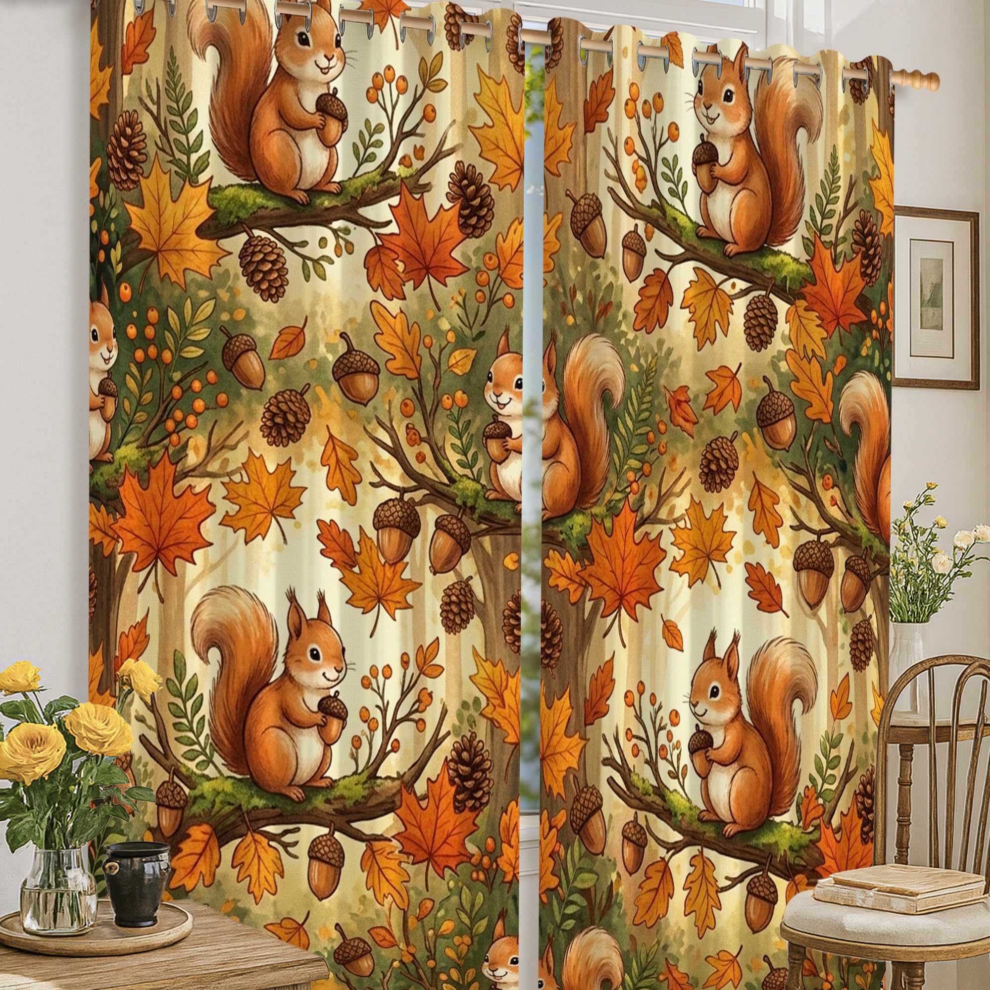 Rideaux occultants écureuil et feuilles 132x160cm rustiques avec glands