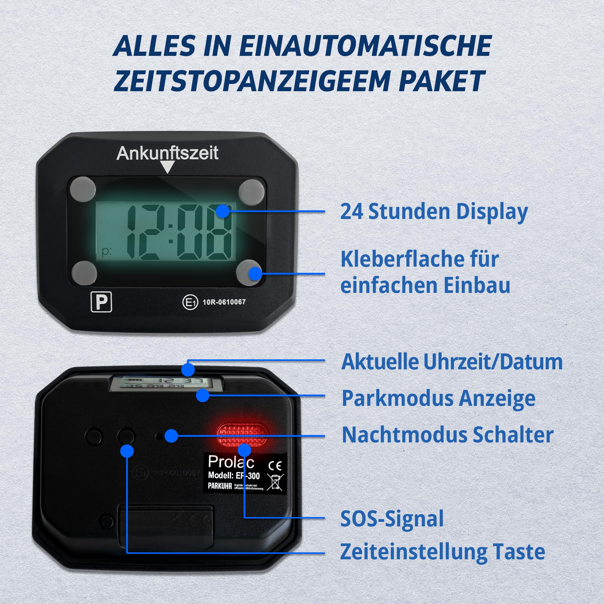 PROlac Elektronische Parkscheibe mit offizieller KBA Zulassung – Intelligente Parkscheibe elektrisch mit Zulassung – Digitale Parkscheibe Auto mit Nachtmodus und Taktungseinstellung (Schwarz)
