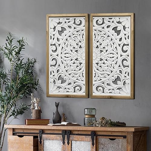 Miniatura 20 de XIAOAIKA Decoración de pared tallada bohemia, paneles blancos envejecidos antiguos de 31.5 pulgadas, escultura decorativa tallada a mano para sala