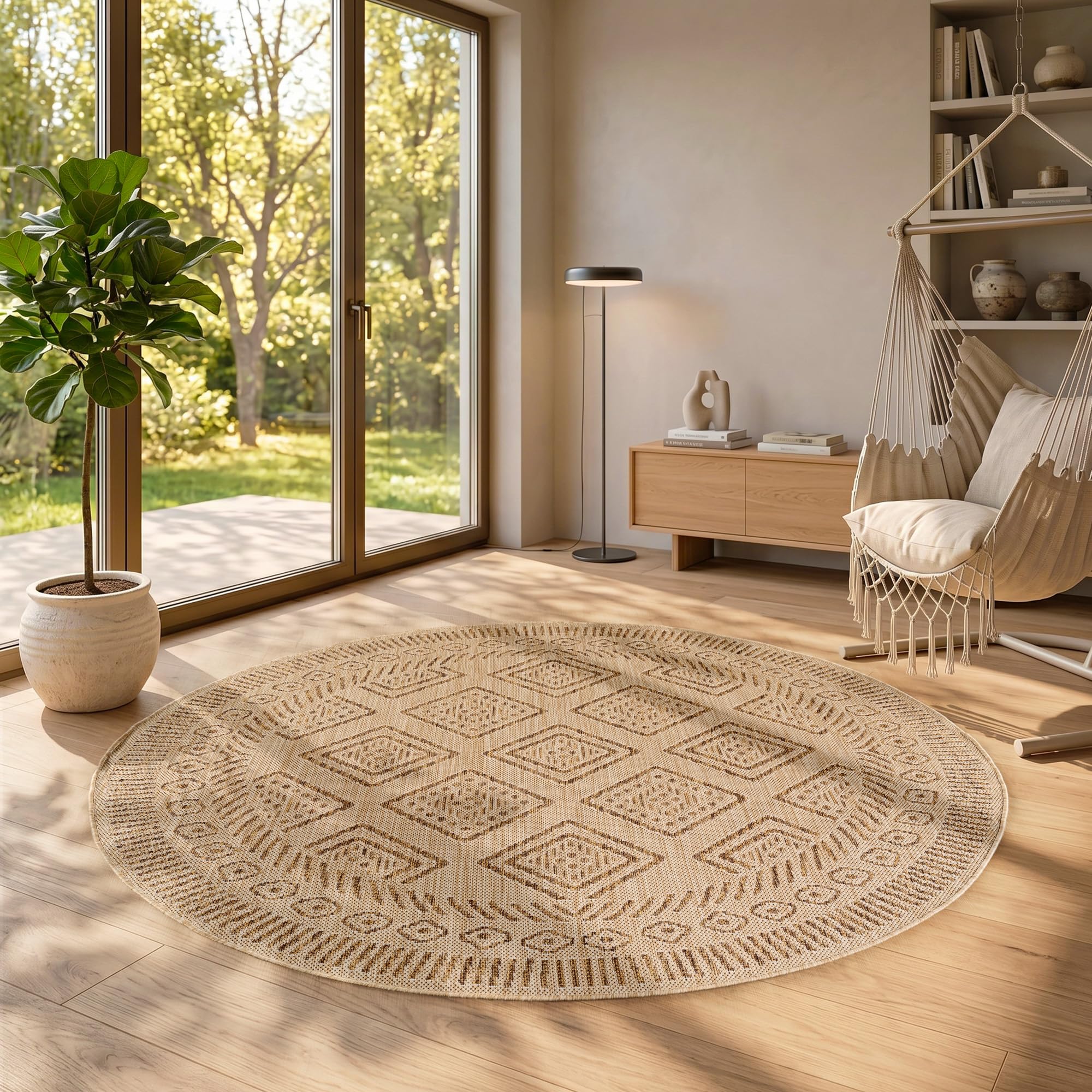 SIMPEX Tapis Extérieur Beige Effet Jute Rond 200 cm Balcon Terrasse Jardin Résistant UV Grand XL Motif Losanges Tissage Plat