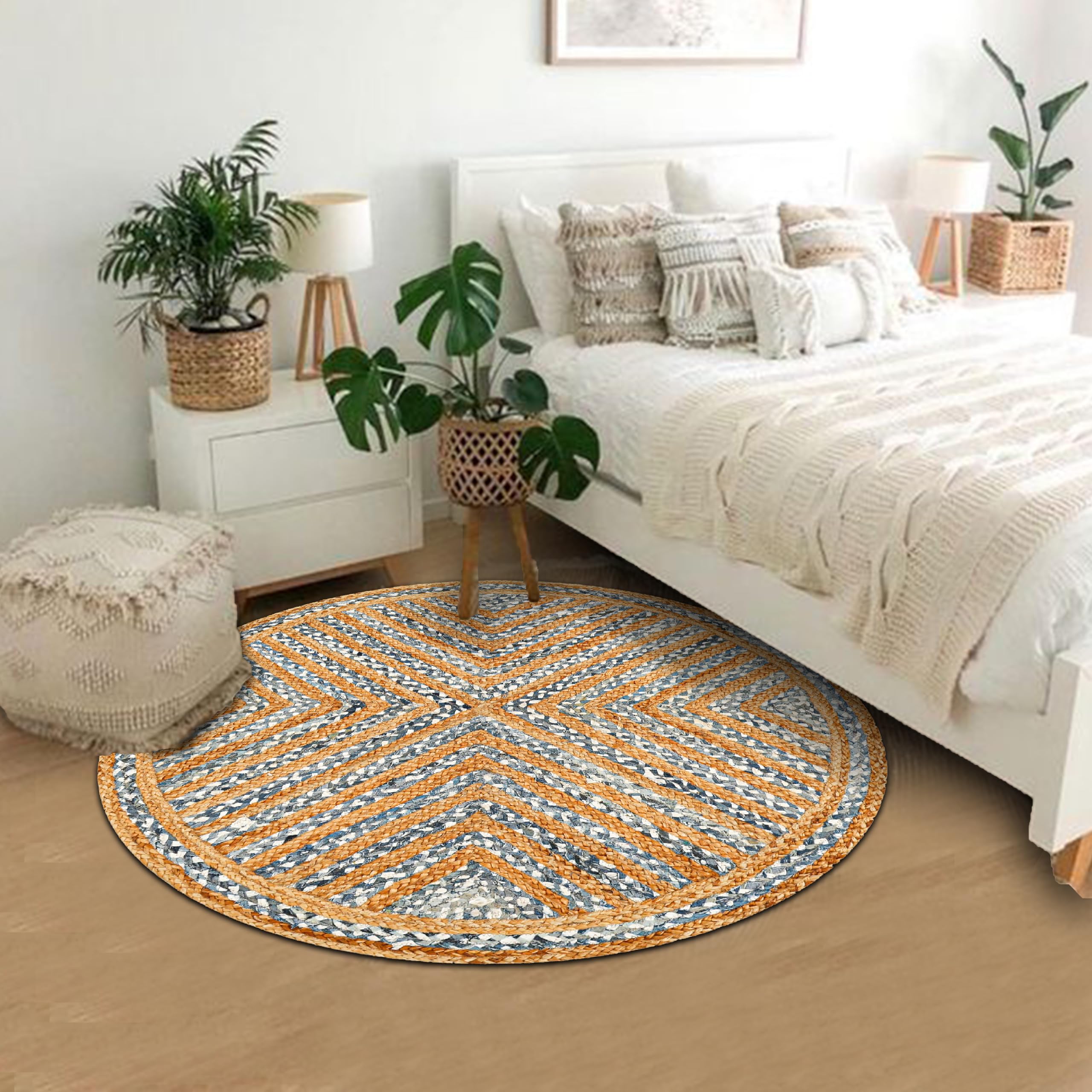 Lightnpro Bohemian-Teppich aus Jute, Baumwolle, Denim, geflochten, rund, Bauernhaus, Jute, Baumwolle, Flickenteppich für Küche, Kinderzimmer, Spielzimmer, bunt, handgewebt, wendbar, haustierfreundlich