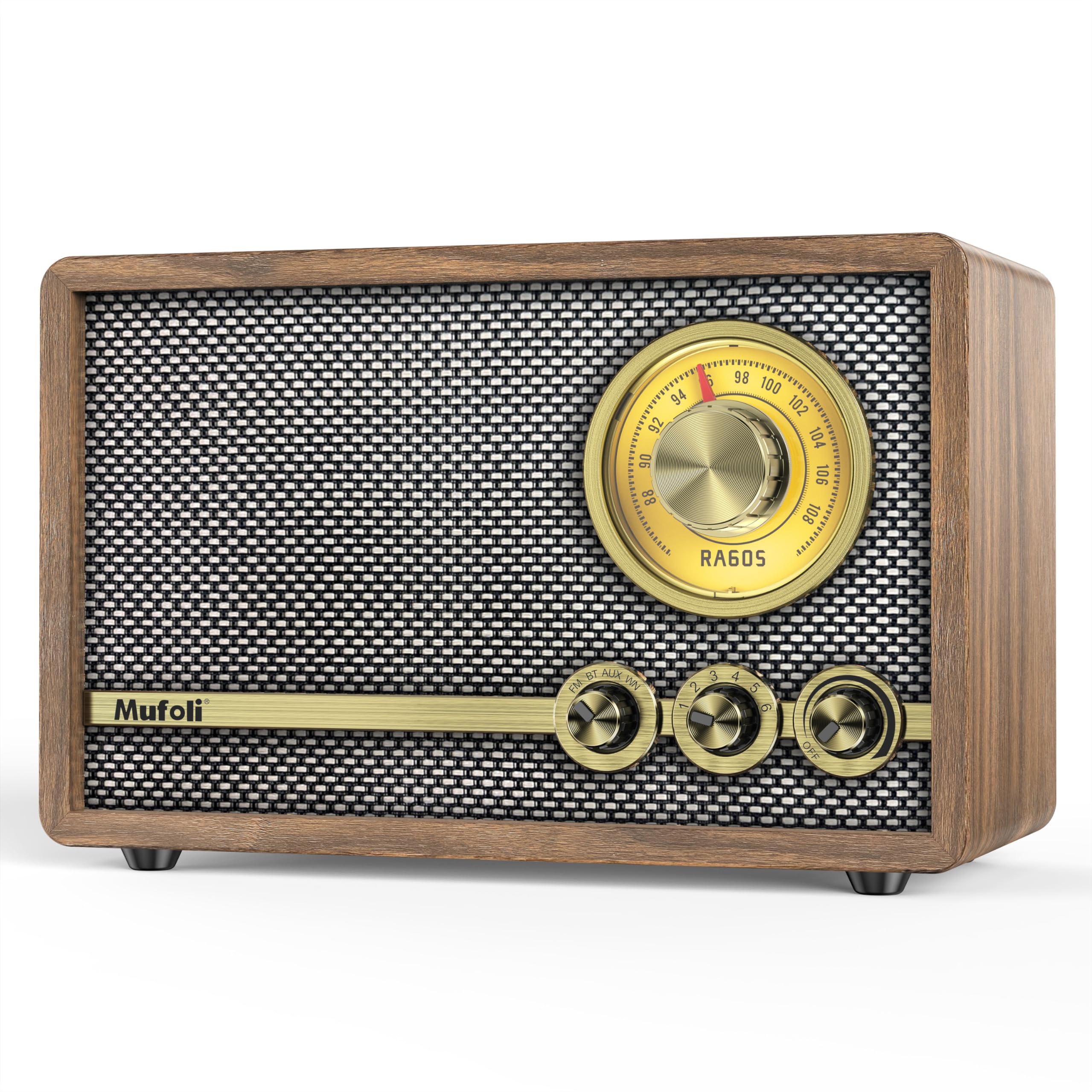 Vintage Radio with FM, Retro Bluetooth Speaker, Wood Bluetooth Radio for Home with White Noise Machine, for Kitchen, Bedroom, Living Room, Cafe, with Rotary Tuning Dial(Espresso/RA60S-A)