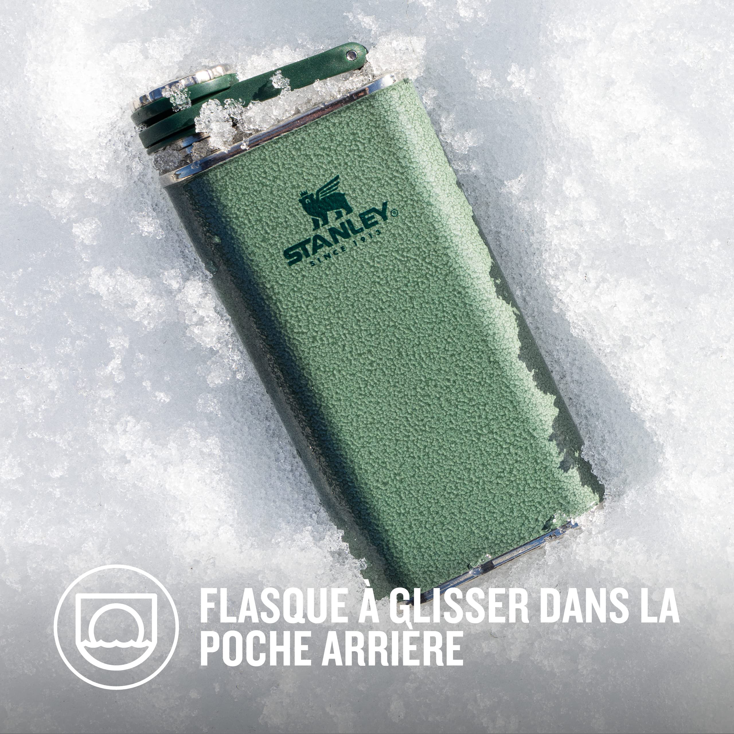 Stanley 1913 Classic Wide Mouth Flask 0.23L - Avec Bouchon Anti-Perte - Flasque en Acier Inoxydable à Large Ouverture - Etanche - Sans BPA - Hammertone Green