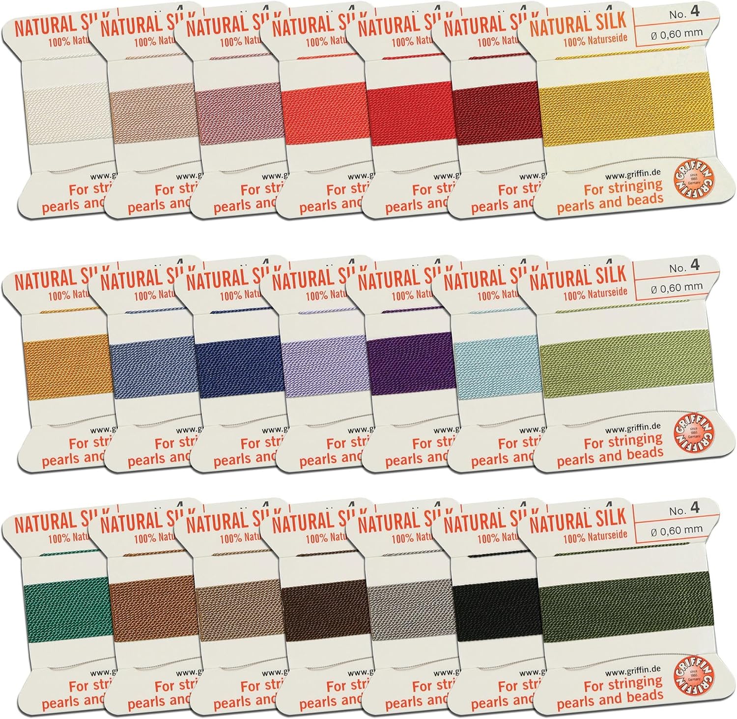 Griffin Silk Bead Cord Perlseide Size 4 (0.60mm) 21 Color Sampler 2