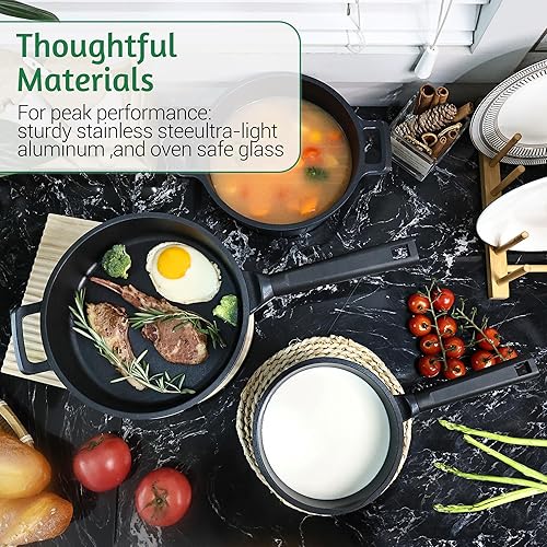 Miniatura 2 de Aufranc Juego de ollas y sartenes antiadherentes, juego de utensilios de cocina de inducción de granito negro con asas que se mantienen frías, juego