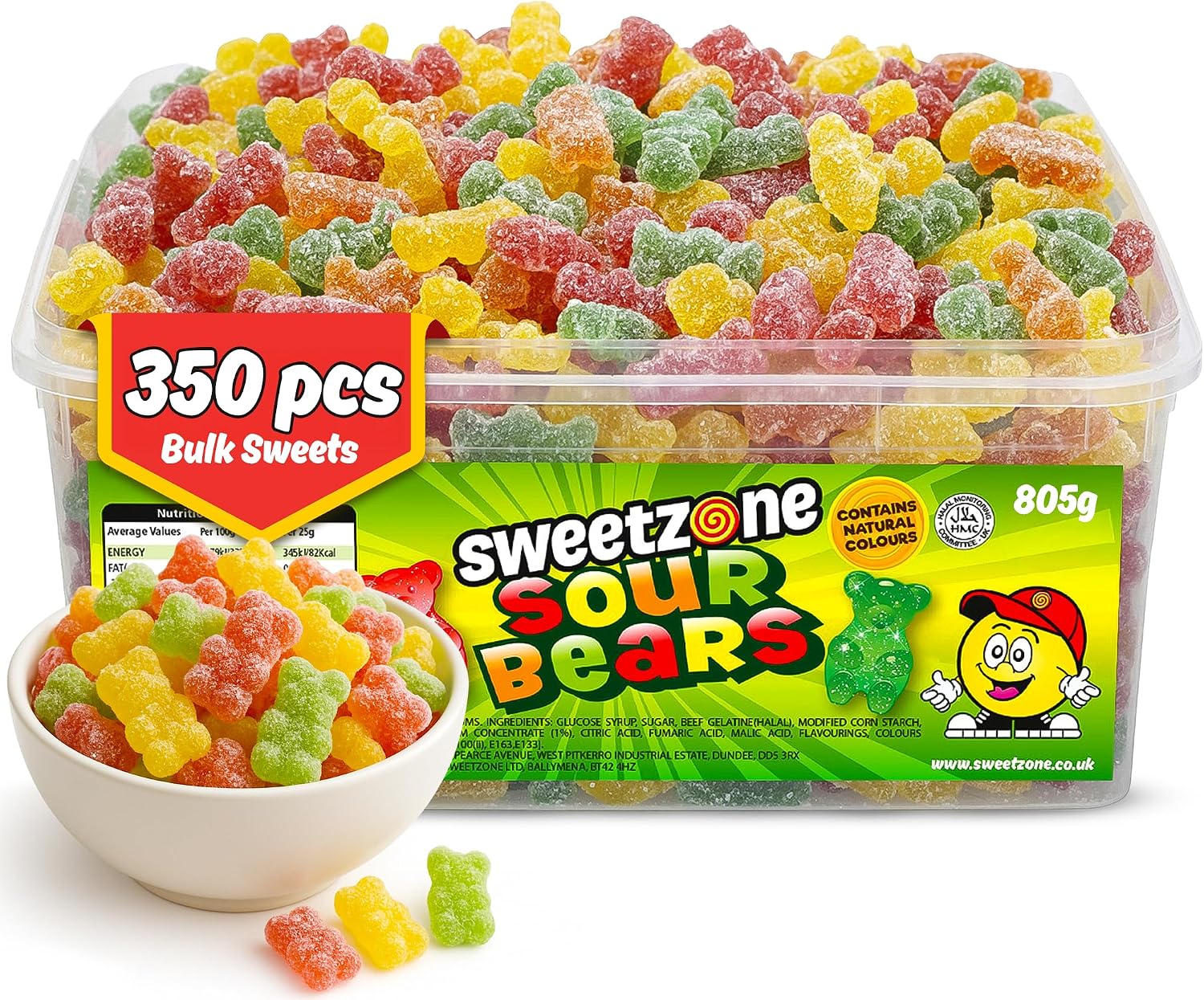 Sweetzone Sour Gummy Bears Sweets Tub, Halal Gummy Candy in Retro Fizzy Sweets, 805g Tub of 350 pcs of Gummies Candy, Sour Gummy Bears Packed with Flavour and Tangy Taste for Kids, and Sweet Lovers
