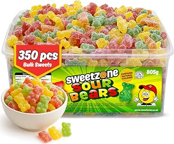 Sweetzone Sour Gummy Bears Sweets Tub, Halal Gummy Candy in Retro Fizzy Sweets, 805g Tub of 350 pcs of Gummies Candy, Sour Gummy Bears Packed with Flavour and Tangy Taste for Kids, and Sweet Lovers