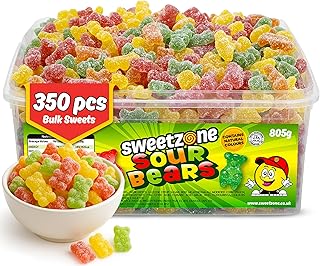 Sour Gummy Bears Sweets Tub, Halal Gummy Candy in Retro Fizzy Sweets, 805g Tub of 350 pcs of Gummies Candy, Sour Gummy Bears Packed with Flavour and Tangy Taste for Kids, and Sweet Lovers