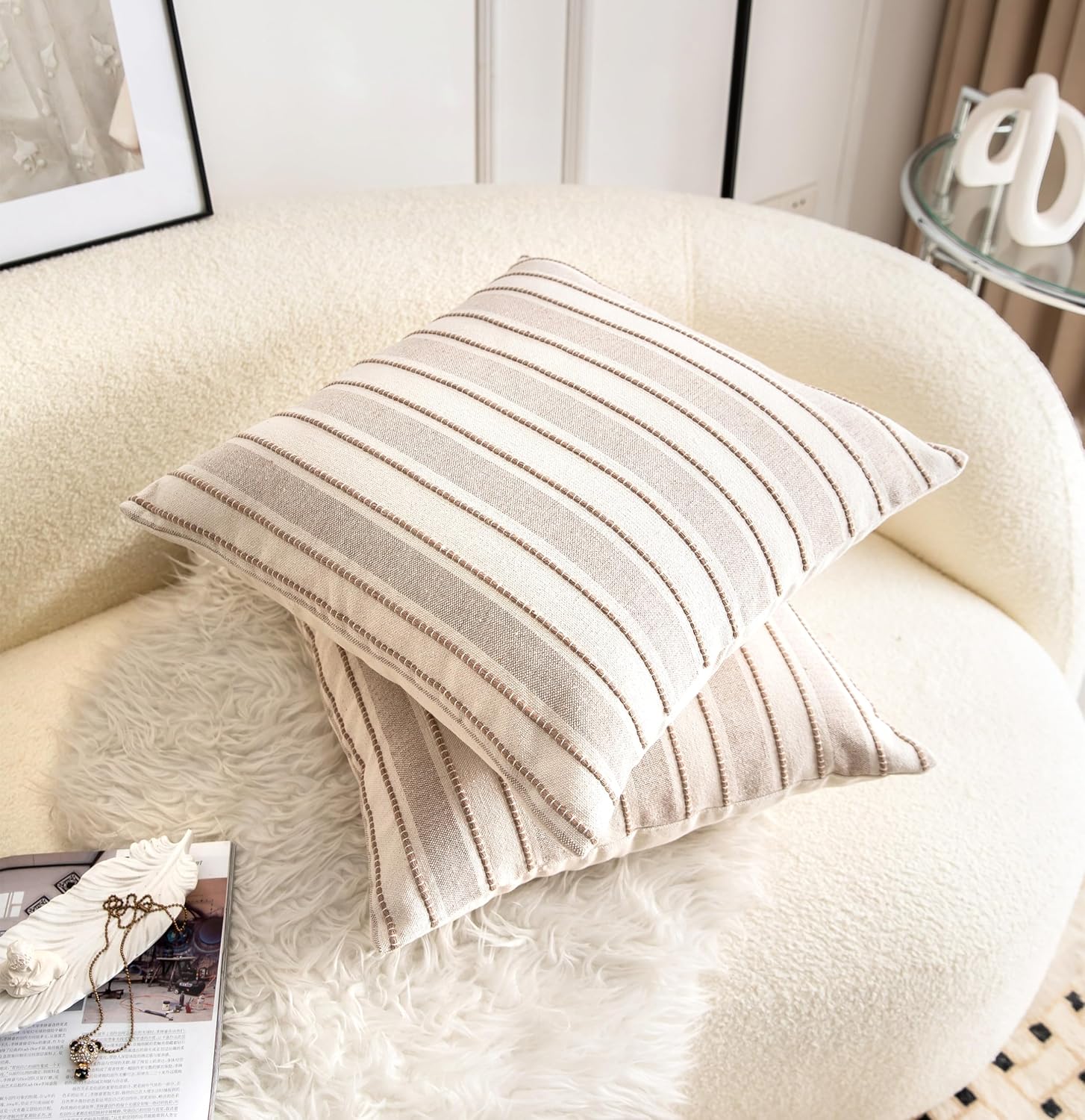 Cethom Decorative Boho Throw Pillow Covers, Farmhouse Textured Pillow Case, 22 x 22 Inch Set of 2, Chair Sofa Bedroom Living Room Home Decor Couch Cushion Case, Taupe and Beige Striped