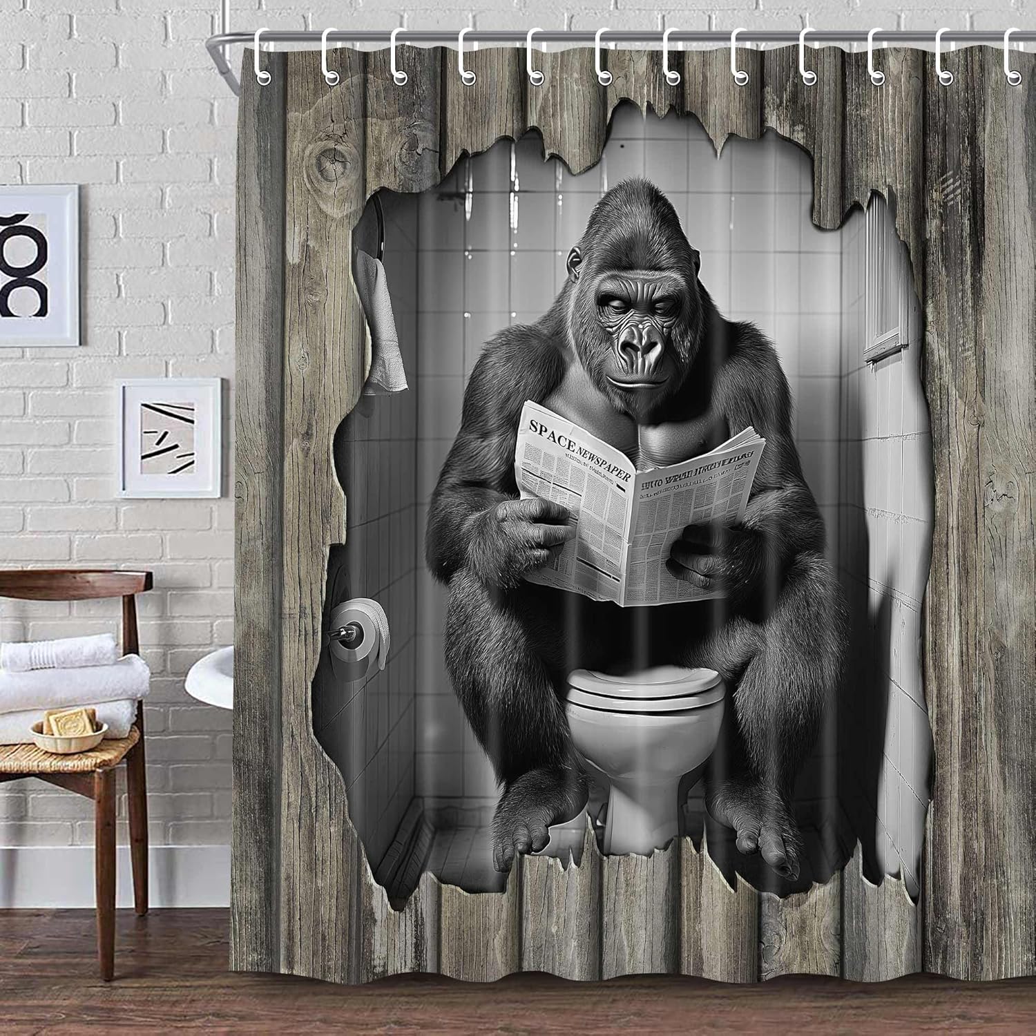 Funny Monkey Shower Curtain, Rustic Wooden Animal Cute Cat Reading Newspaper on Toilet Bath Curtains Set, Humor Western West Farmhouse Fabric Bathroom Polyester Curtains with Hooks 70X84in