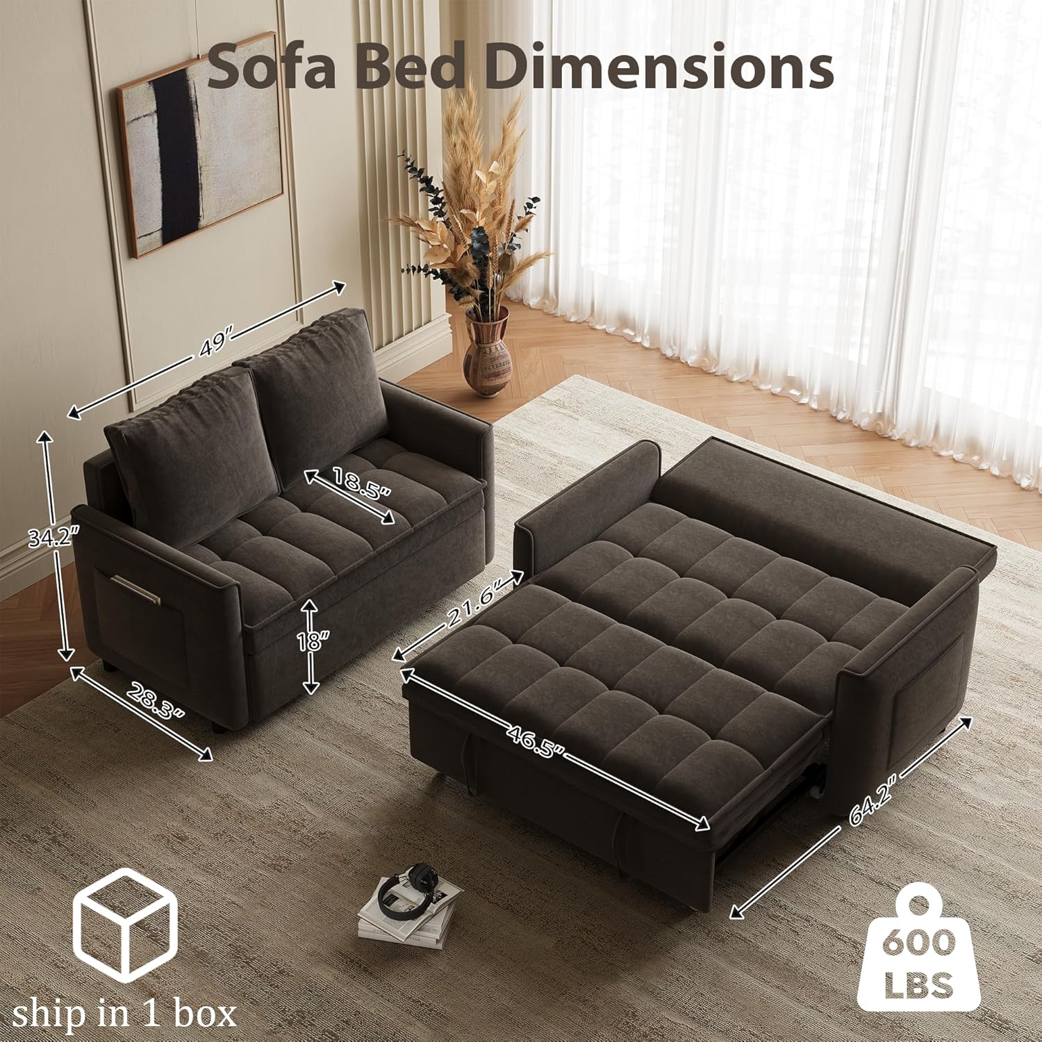 DAMAIFROM Futon Sofa Bed Convertible Loveseat Sleeper Sofa Couch, 49" Pullout Sofa Fold Out Couch Bed with Side Pockets, Armrest for Living Room, Bedroom Apartment Room | Loveseat Sleepe, Light Brown
