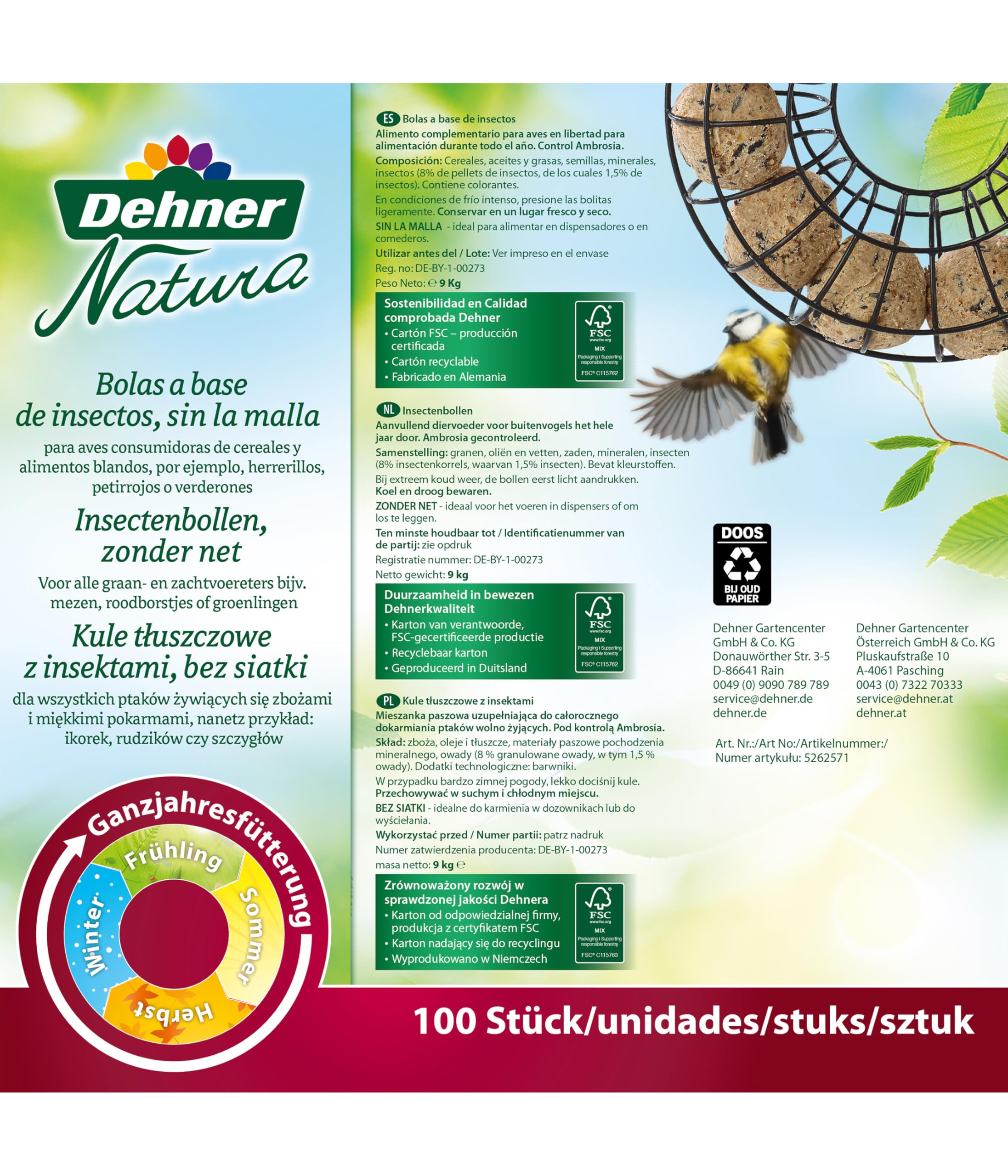Dehner Natura Premium albóndigas de Grasa sin Red, de Insectos, ricas en proteínas y energía, para Aves Silvestres Todo el año, 100 Piezas de 90g (9kg), Caja certificada FSC