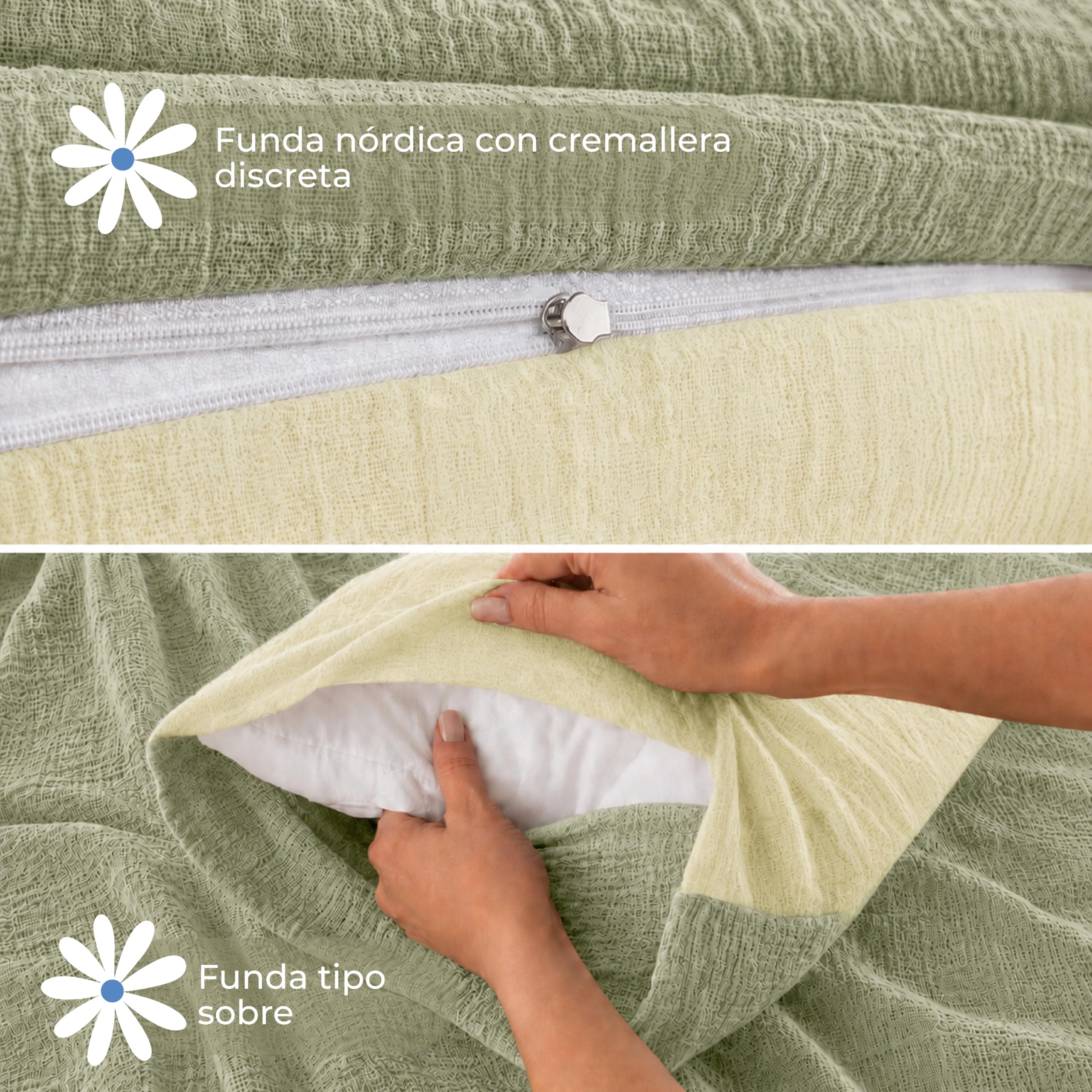 Dreamzie Funda Nordica 135x200 cm con Funda de Almohada 80x80 cm - Ropa de Cuna en Muselina 100% Algodón Oeko-Tex - Verde Salvia