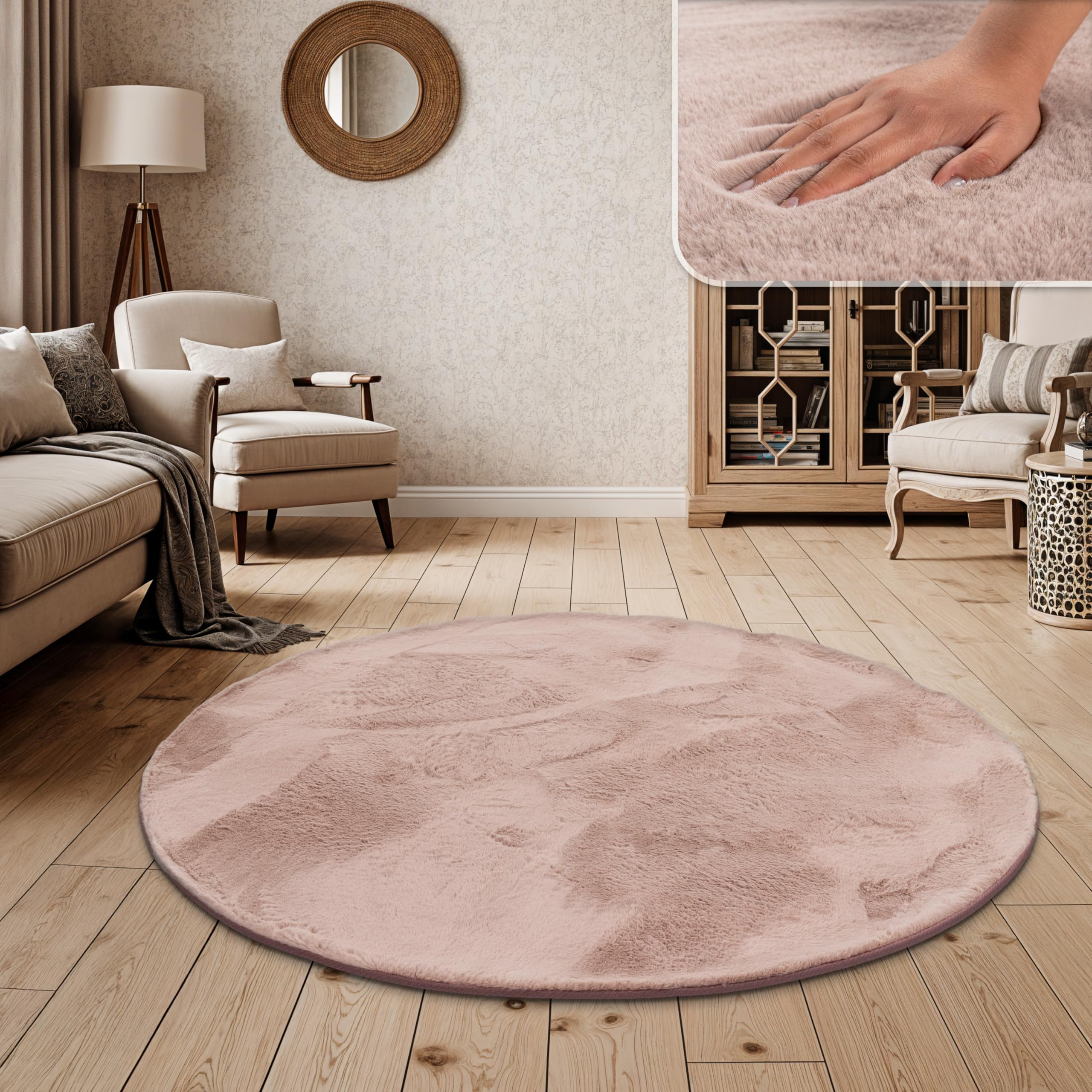 Paco Home Hochflor Teppich Wohnzimmer Schlafzimmer Shaggy Modern Flauschiger Fellteppich Weich Fell Imitat Kunstfell Einfarbig, Grösse:200 cm Rund, Farbe:Pink