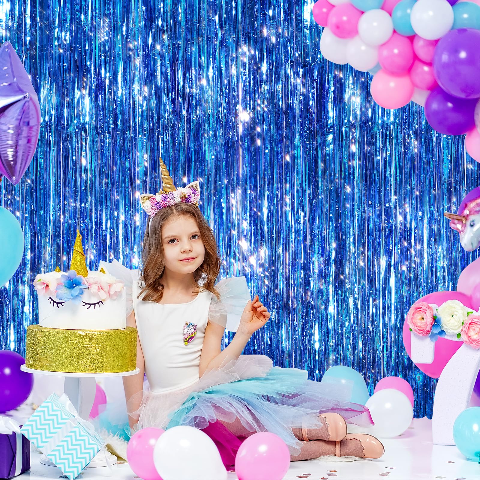 Niebieskie metaliczne zasłony foliowe z frędzlami, serpentyny do drzwi, tło do budki fotograficznej, tło do budki urodzinowej, zasłona na baby shower, wieczór panieński, dekoracje świąteczne
